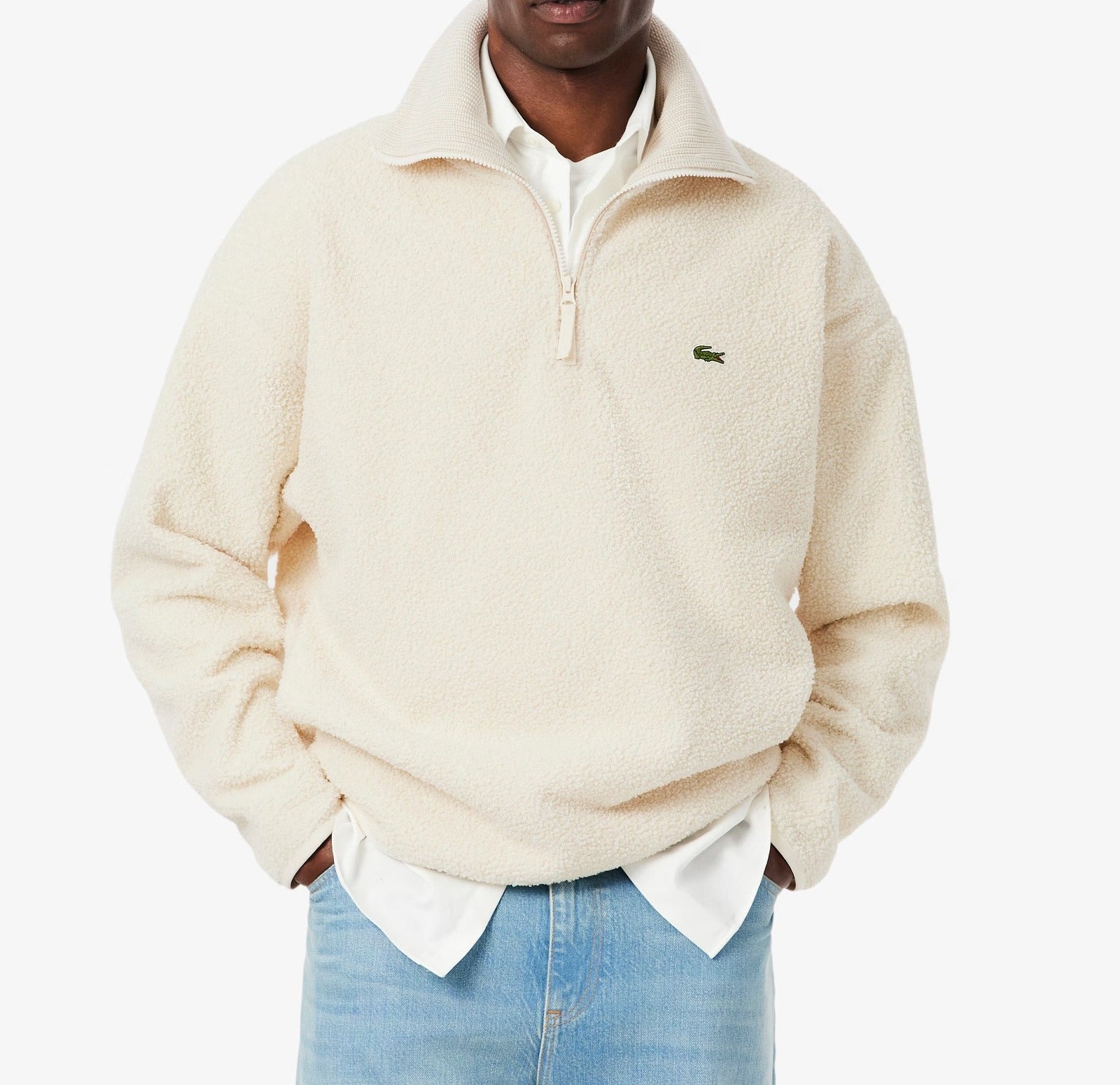 LACOSTE Felpa Uomo Sherpa Mezza Zip-Bianco
