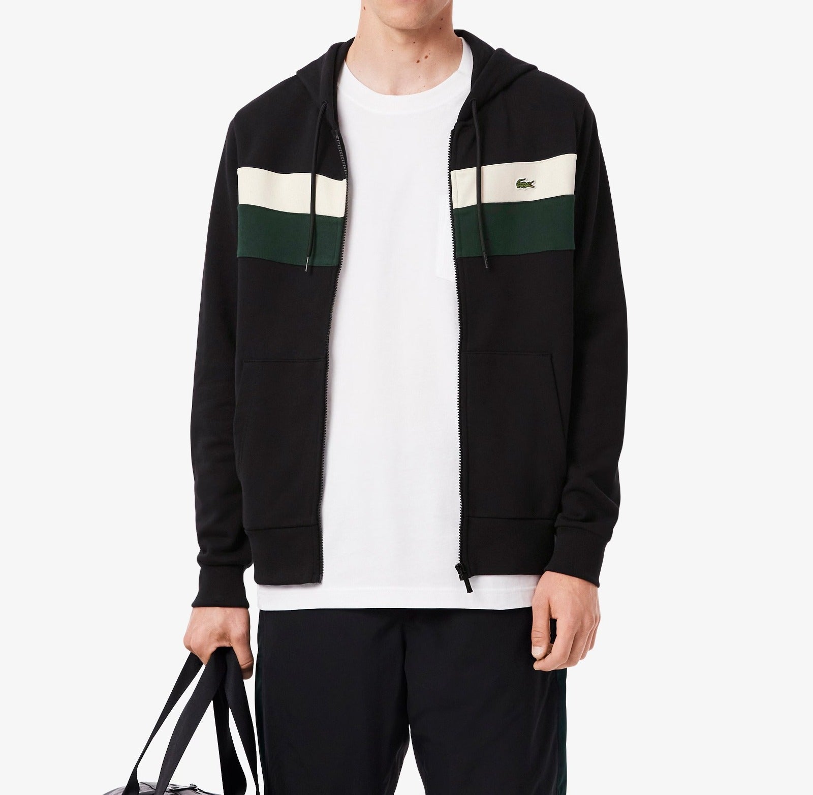 LACOSTE Felpa Uomo Cotone Cappuccio Zip Color Block-Nero Bianco Verde