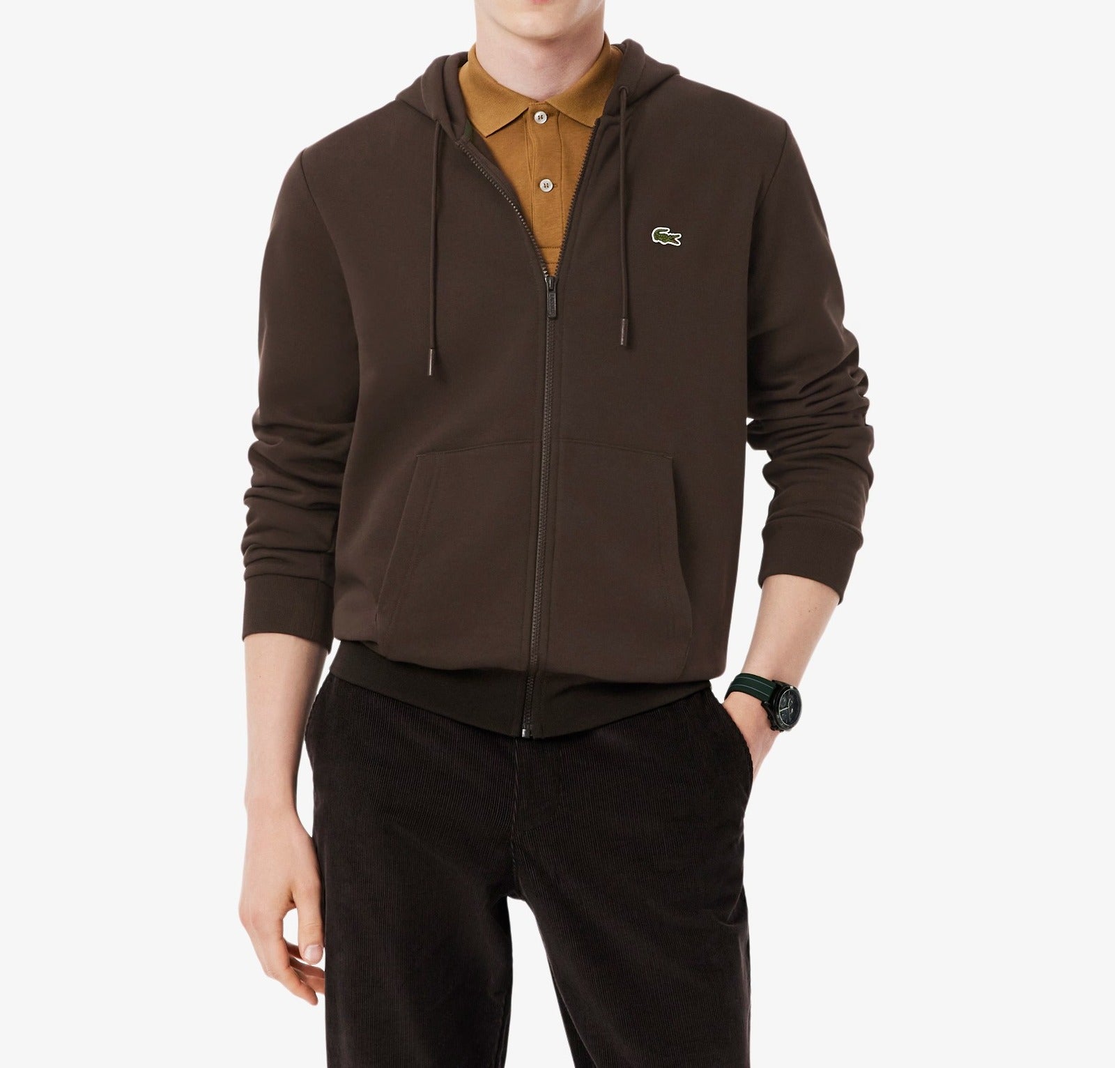 LACOSTE Felpa Uomo Cappuccio Zip-Marrone