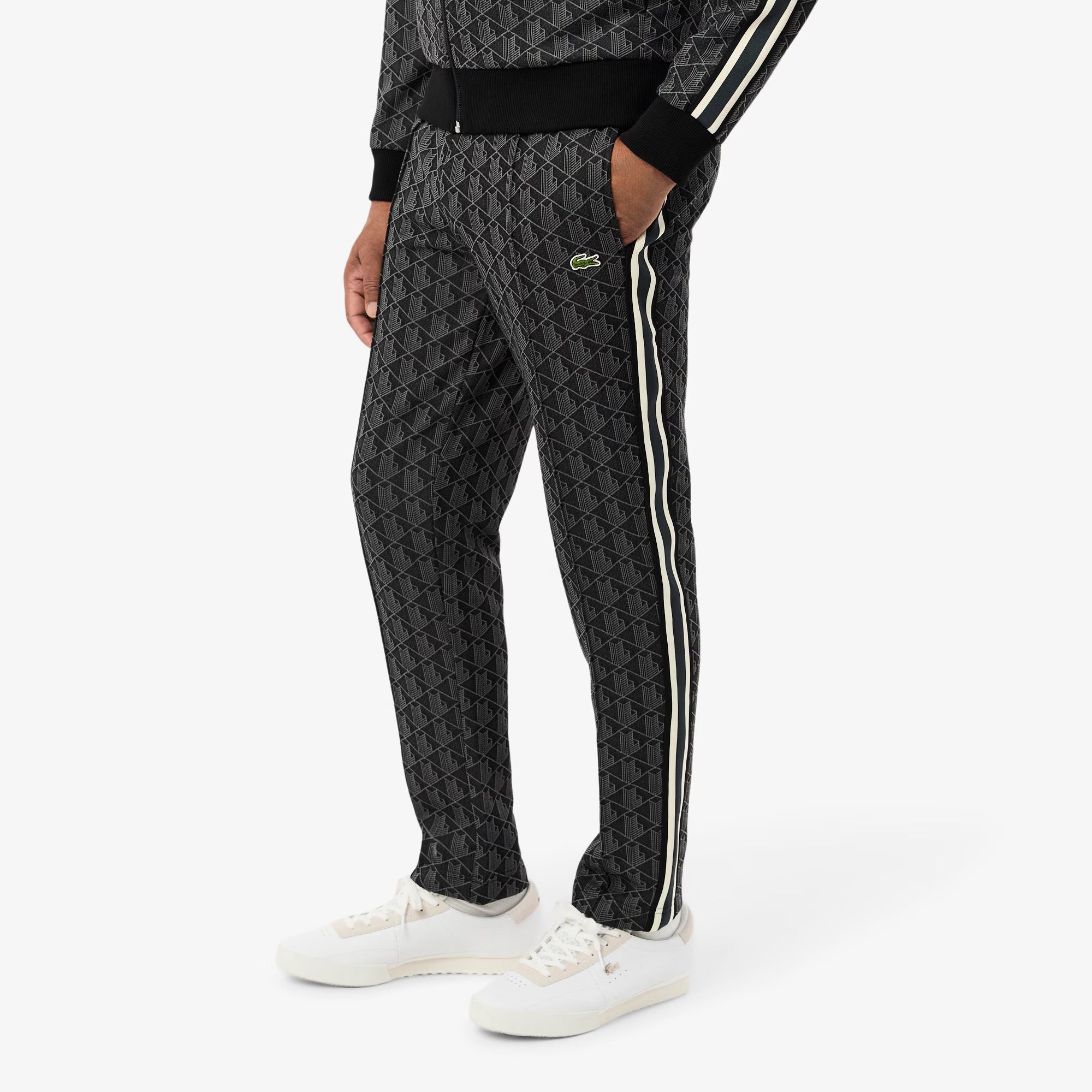 LACOSTE Pantalone Tuta Uomo Jacquard Logo-Nero Grigio