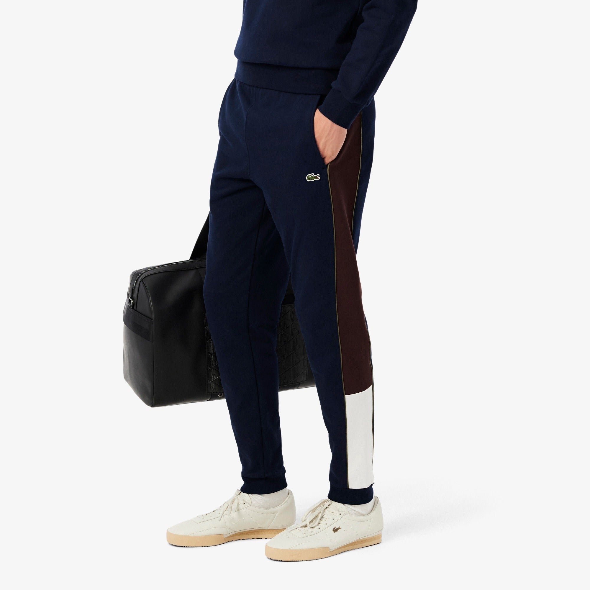 LACOSTE Pantalone Tuta Uomo Color Block Tapered Fit-Blu Navy Bianco Marrone