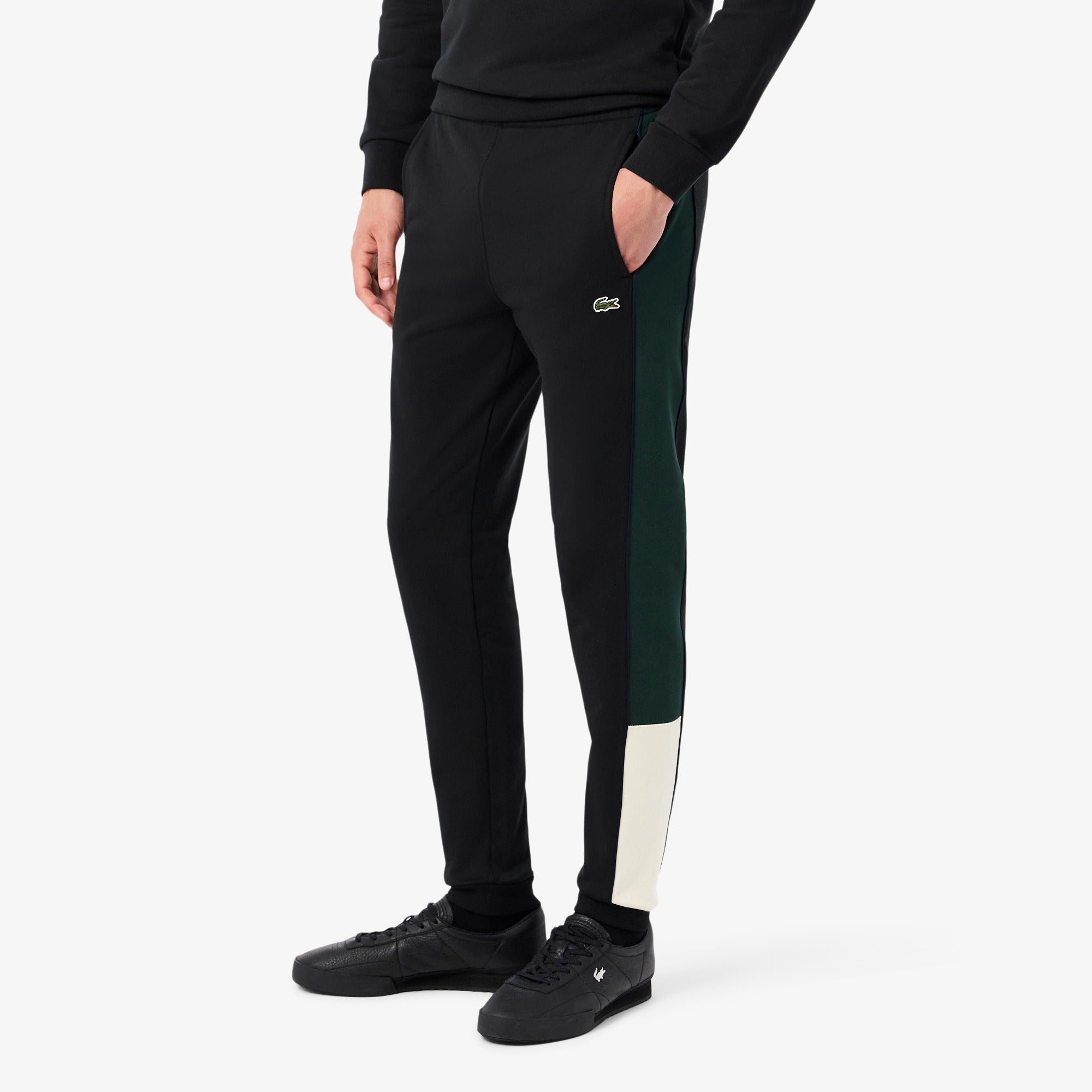 LACOSTE Pantalone Tuta Uomo Color Block Tapered Fit-Nero Bianco Verde