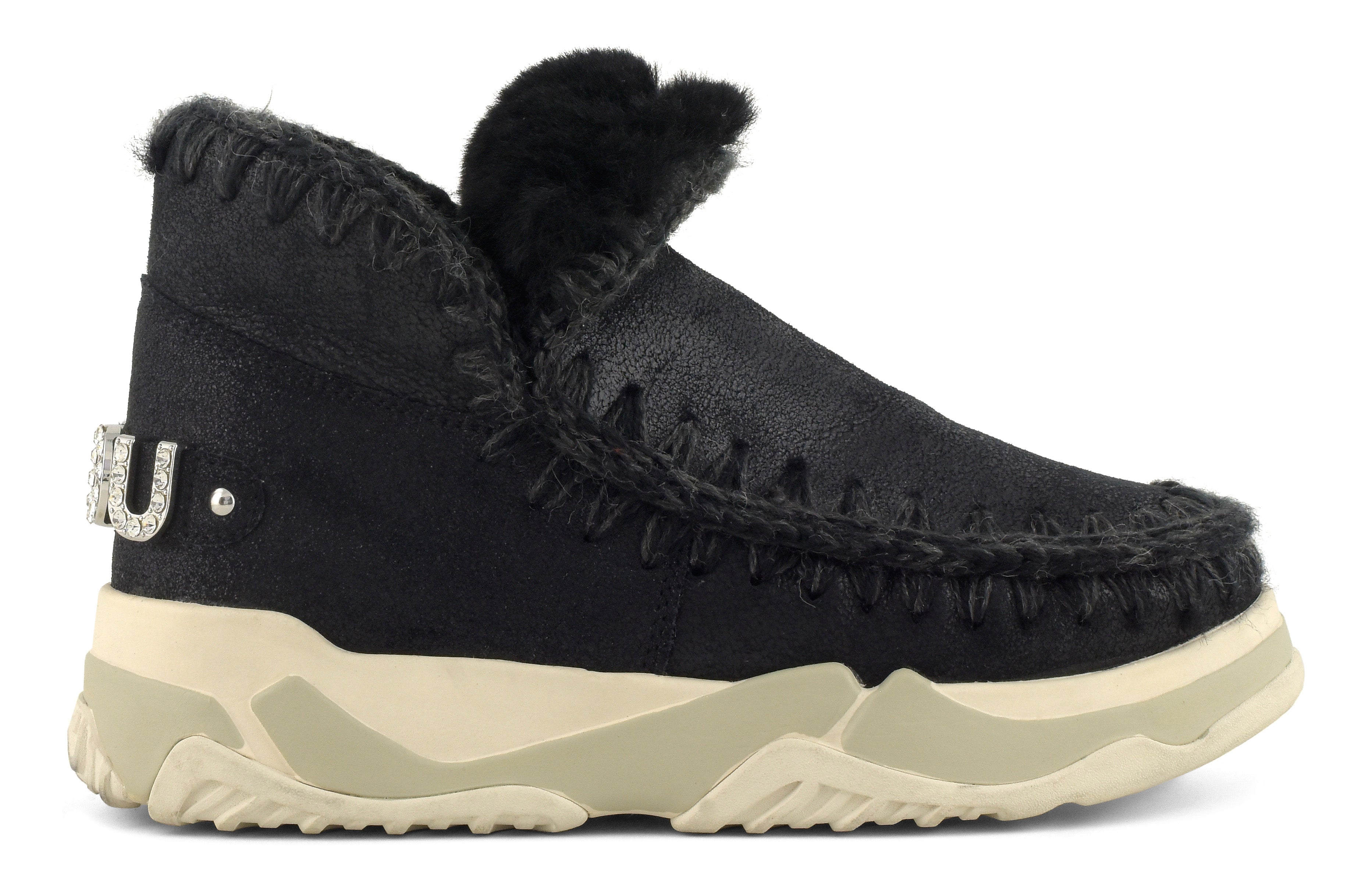 MOU Sneaker Donna Eskimo Trainer Rhinestone Logo-Cracked Black