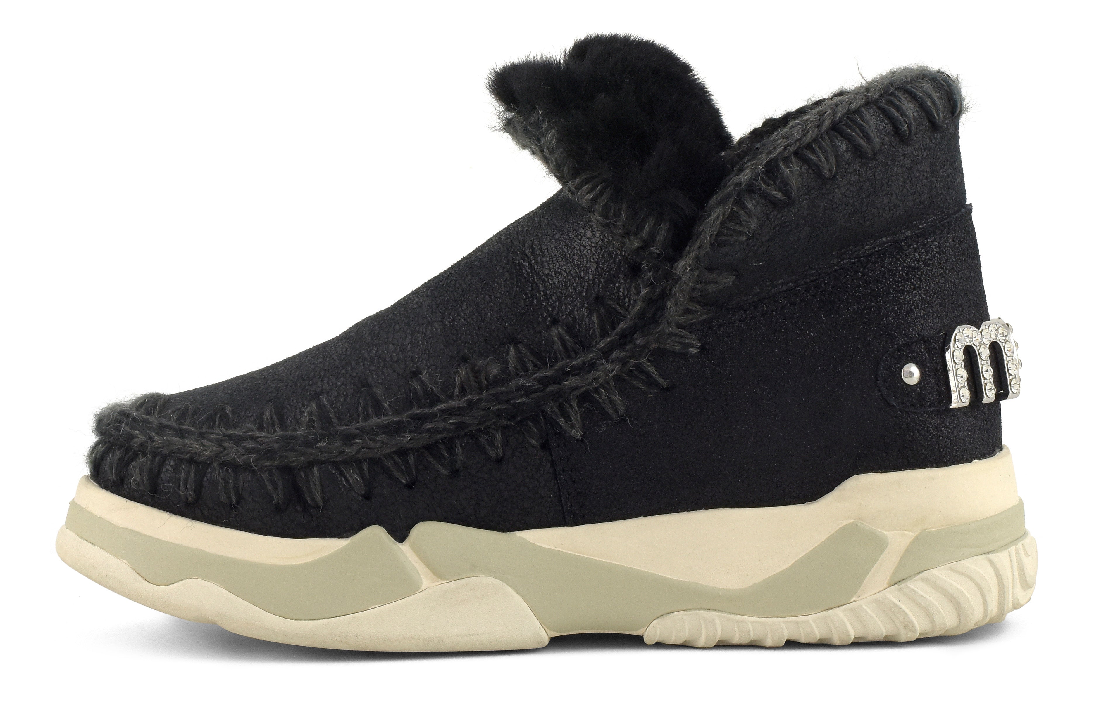 MOU Sneaker Donna Eskimo Trainer Rhinestone Logo-Cracked Black