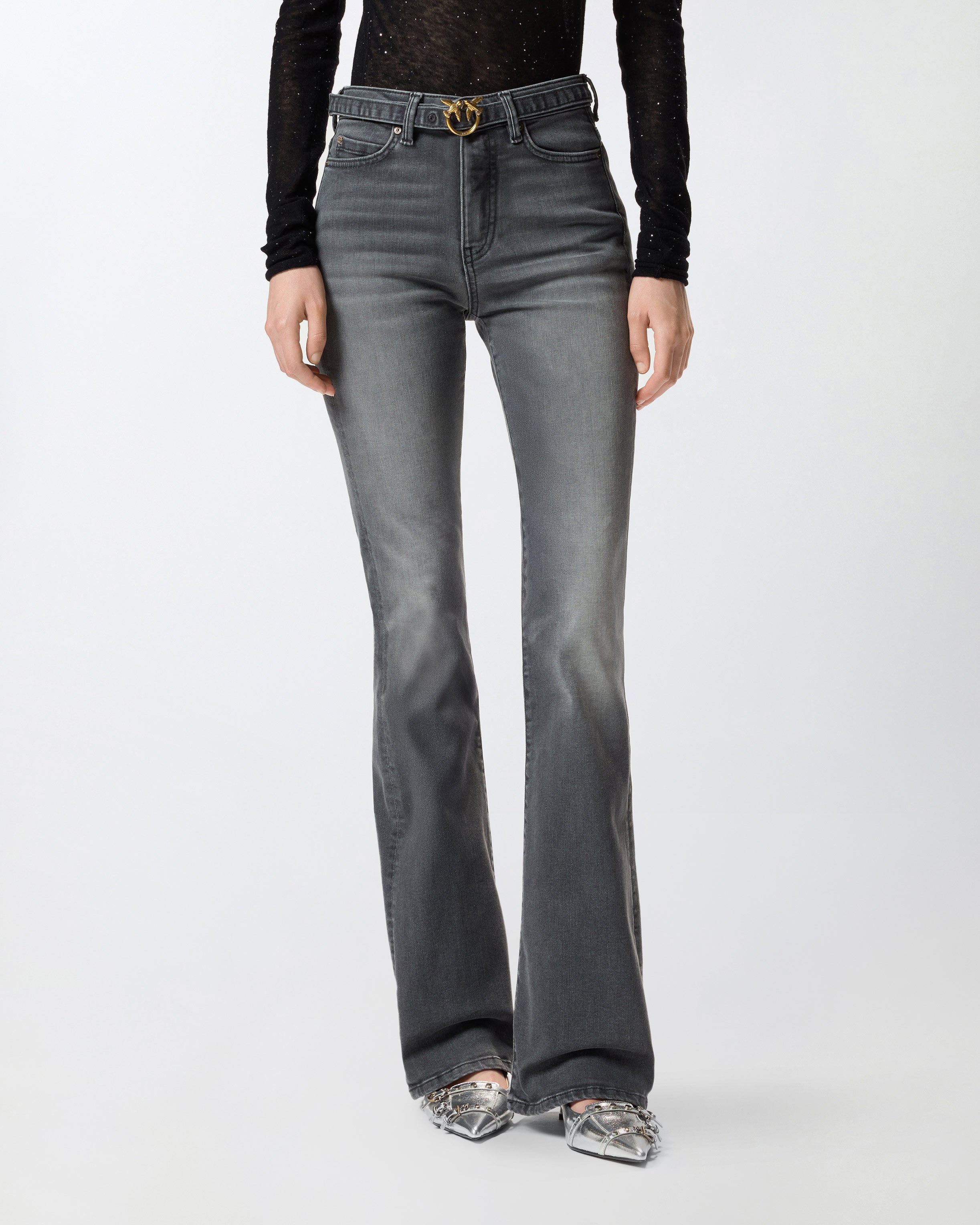 PINKO Jeans Flora Flare Cintura Logo-Grigio Scuro
