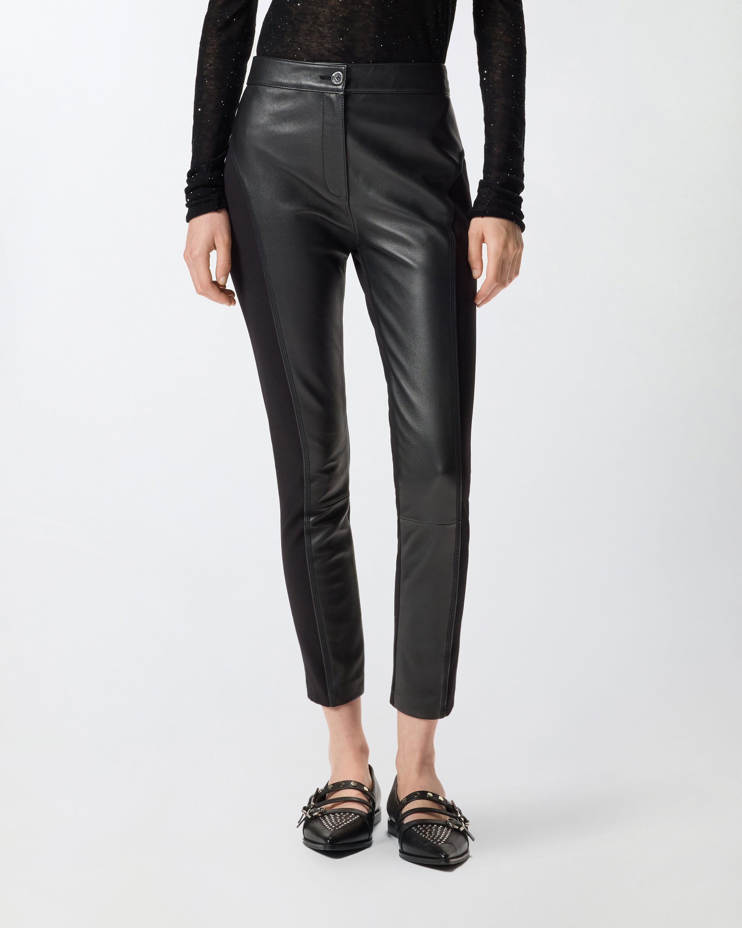 PINKO Pantalone Pizza Pelle Neoprene-Nero Limousine