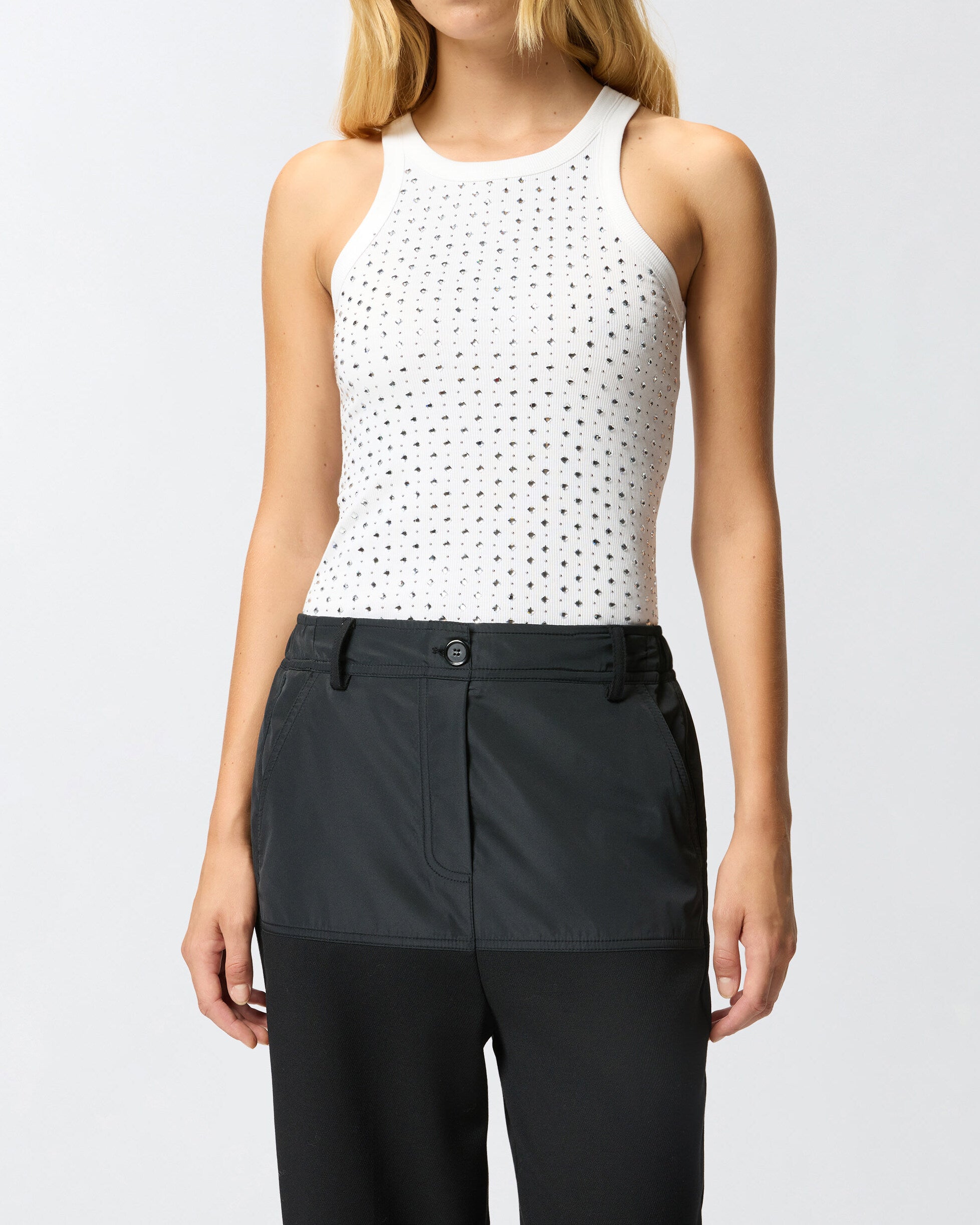 PINKO Canotta Annita Strass Borchie-Bianco