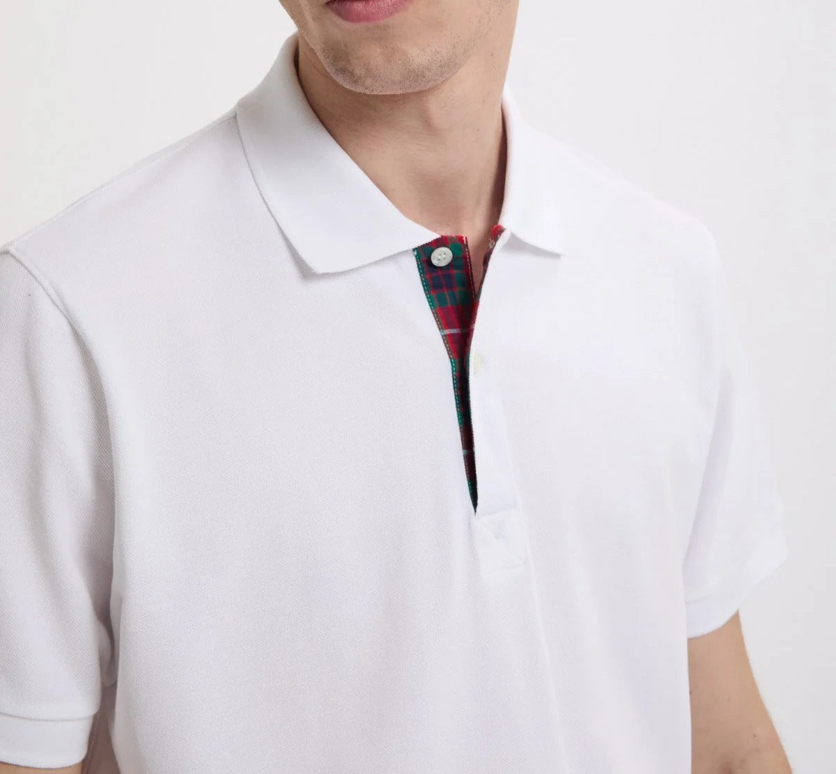 BARACUTA Polo Uomo Tartan Placket-Bone White