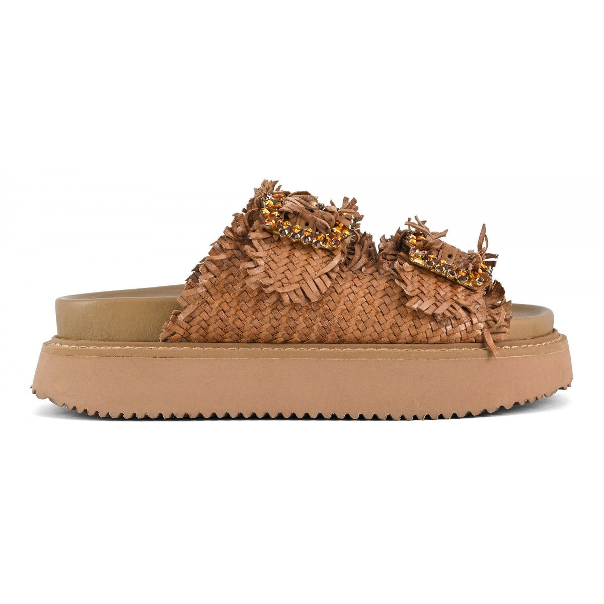CORAL BLUE Sandalo Donna Gioiello Platform Pelle Intrecciata-Cognac
