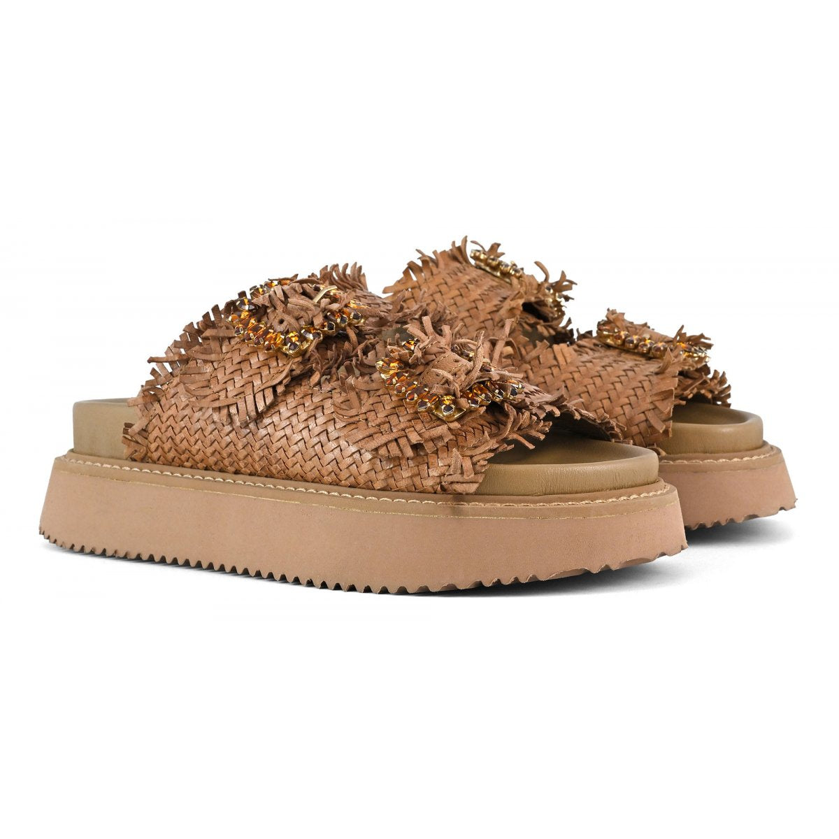 CORAL BLUE Sandalo Donna Gioiello Platform Pelle Intrecciata-Cognac
