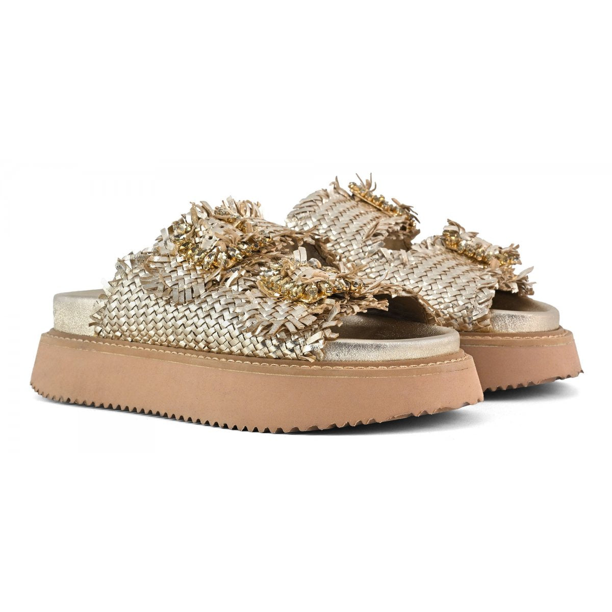 CORAL BLUE Sandalo Donna Gioiello Platform Pelle Intrecciata-Gold