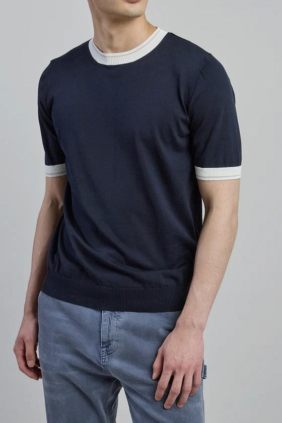 ELEVENTY Maglia Uomo Cotone Dettagli Rigati-Blu/Bianco/Sabbia