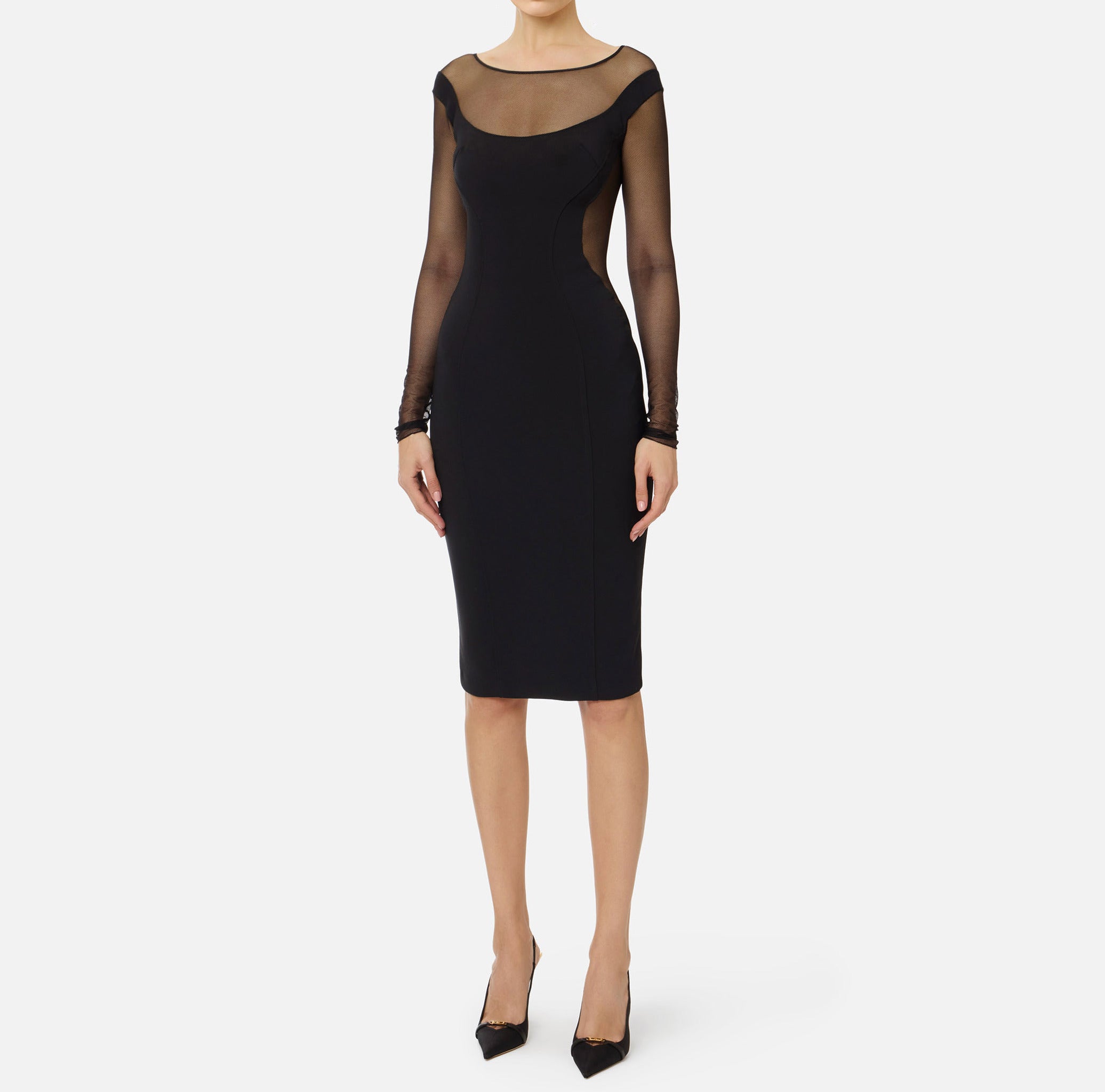 ELISABETTA FRANCHI Abito Midi crêpe Tulle Cut-Out-Nero
