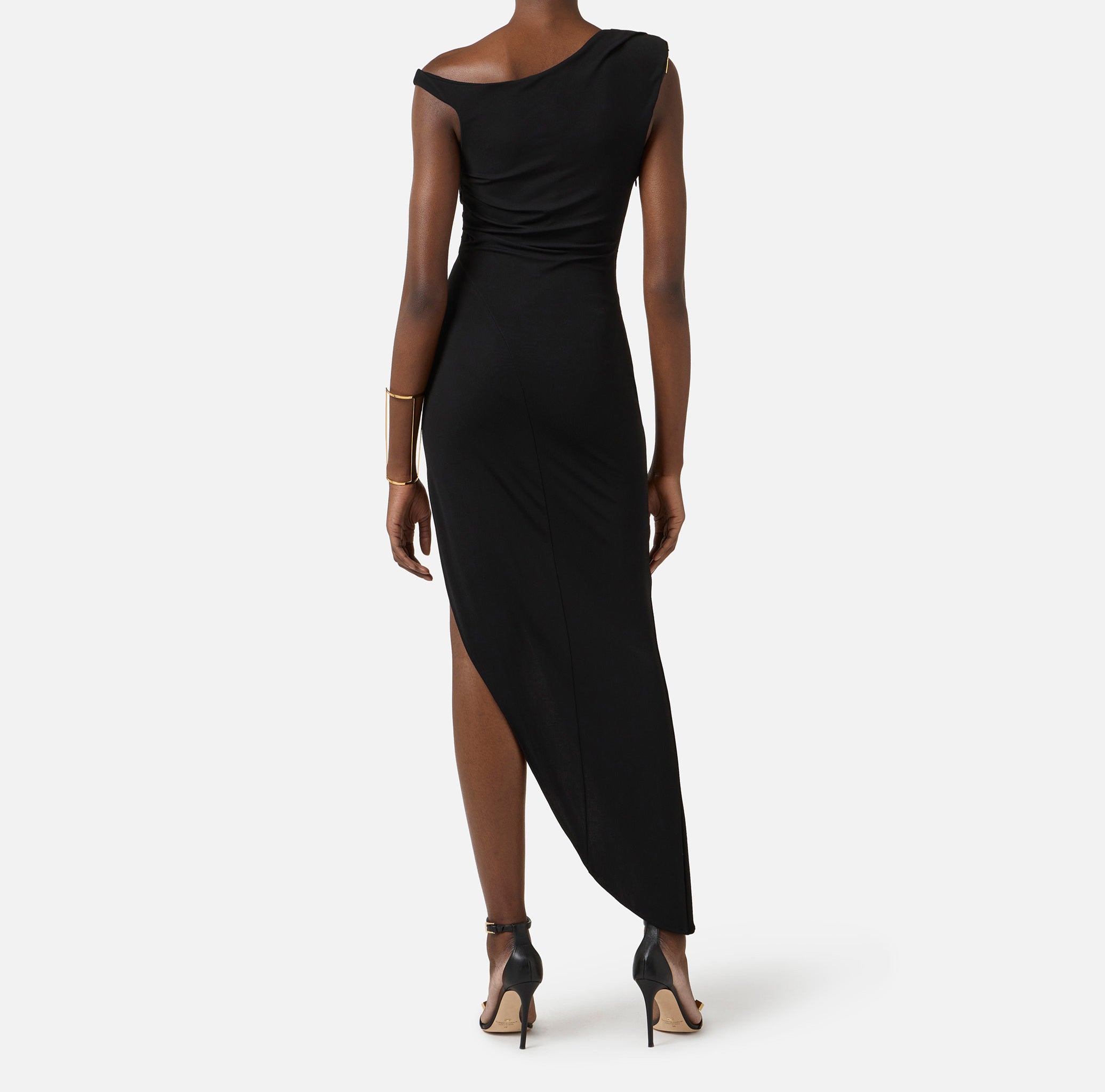 ELISABETTA FRANCHI Abito Asimmetrico Jersey crêpe Spallina Gioiello-Nero