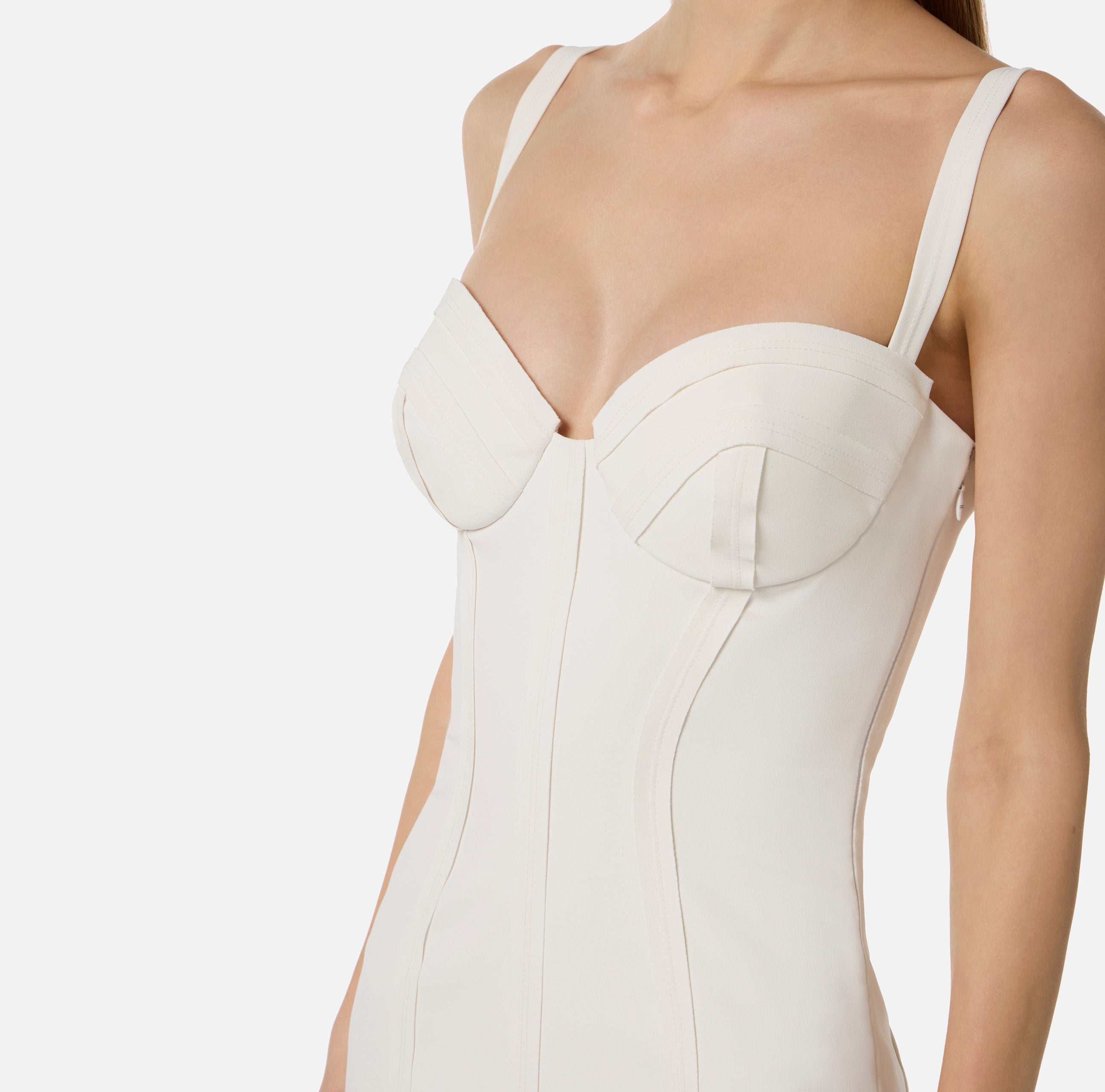 ELISABETTA FRANCHI Abito Midi crêpe Dettagli Taglio Vivo Impunture-Avorio