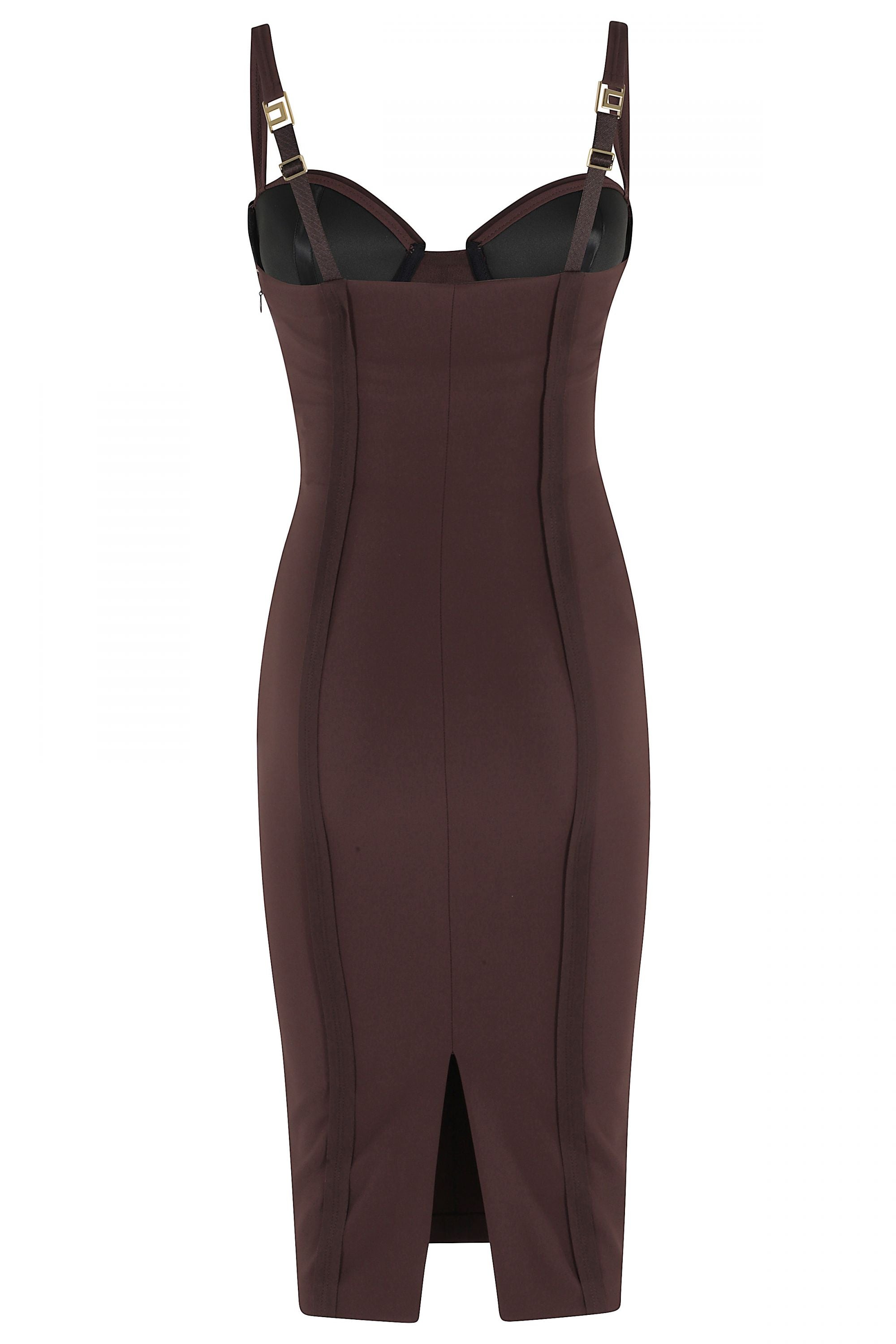 ELISABETTA FRANCHI Abito Midi crêpe Dettagli Taglio Vivo Impunture-Cacao