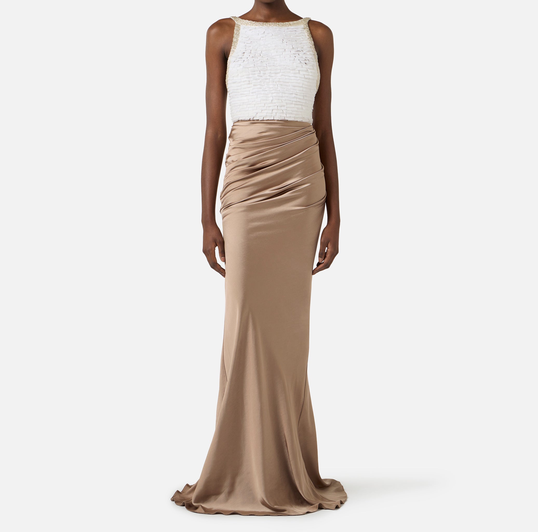 ELISABETTA FRANCHI Abito Red Carpet Raso Organza-Avorio/Argilla