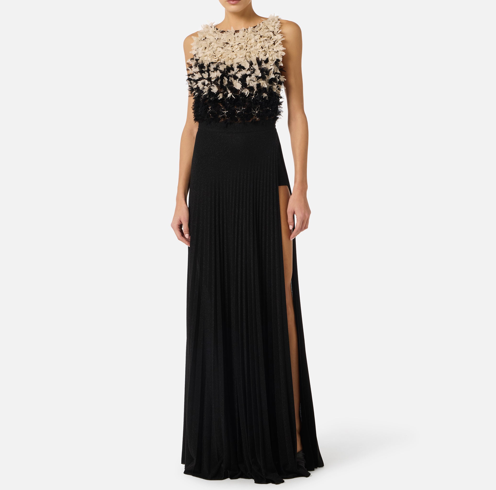 ELISABETTA FRANCHI Abito Red Carpet Tulle Jersey Lurex-Nero/Burro