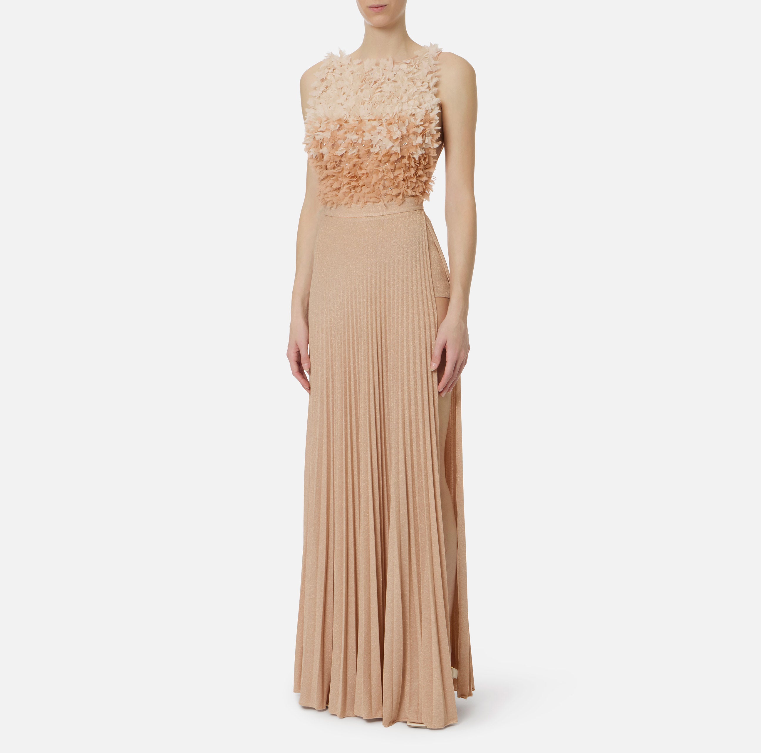 ELISABETTA FRANCHI Abito Red Carpet Tulle Jersey Lurex-Carne/Burro