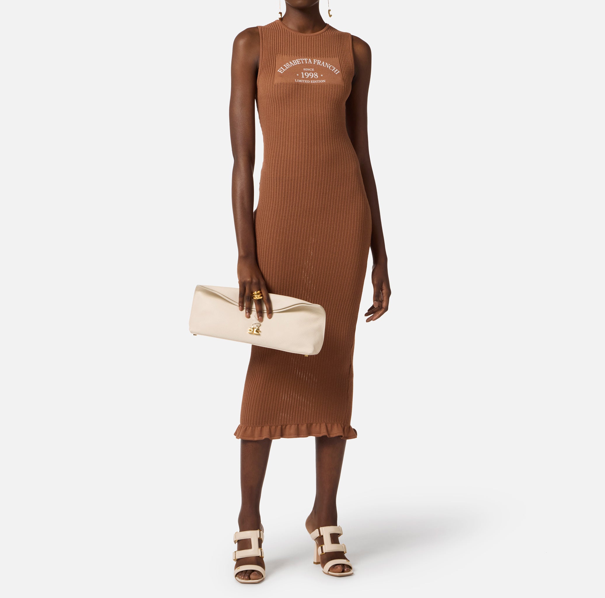 ELISABETTA FRANCHI Abito Midi Maglia Stampa Logo-Cuoio