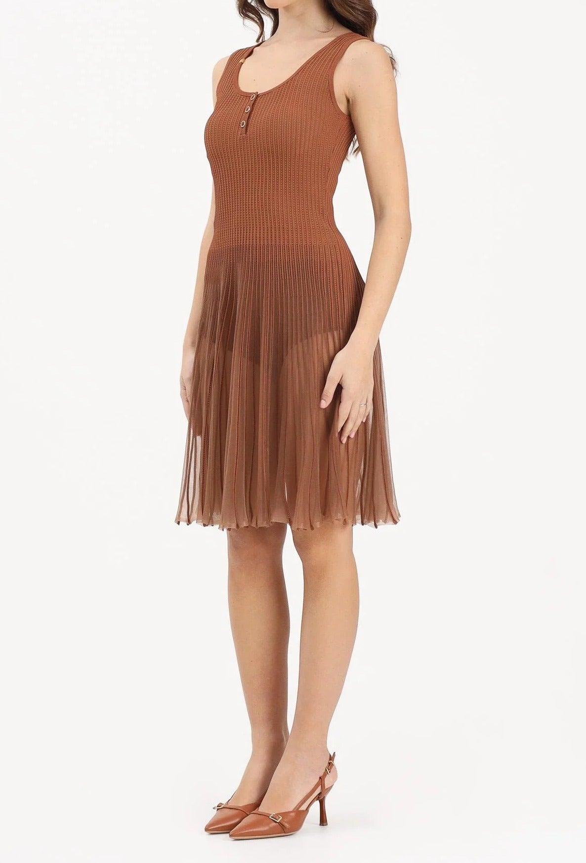 ELISABETTA FRANCHI Abito Maglia Costine Traforate à Jour-Cuoio