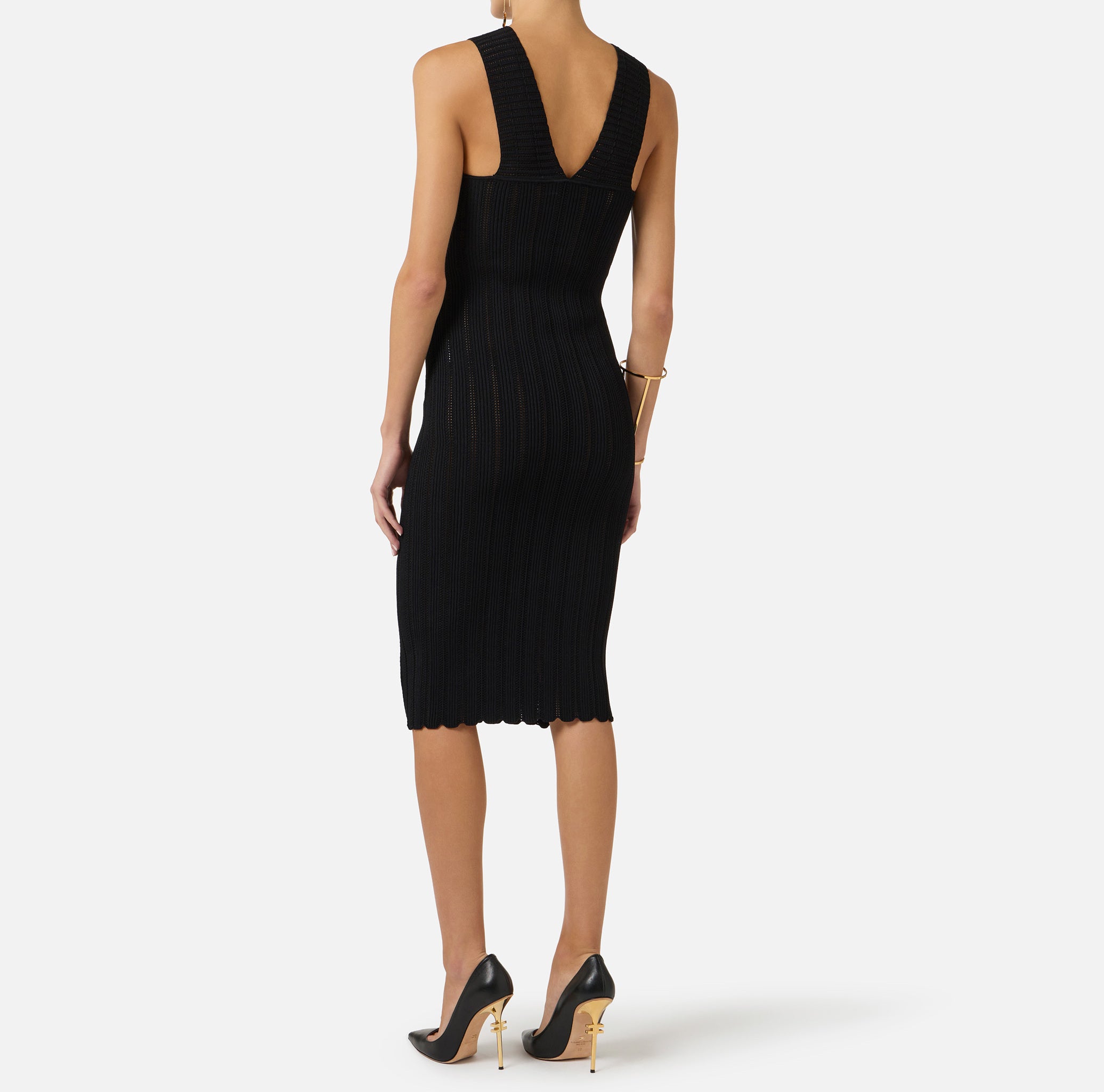 ELISABETTA FRANCHI Abito Midi Maglia à Jour Logo Strass-Nero