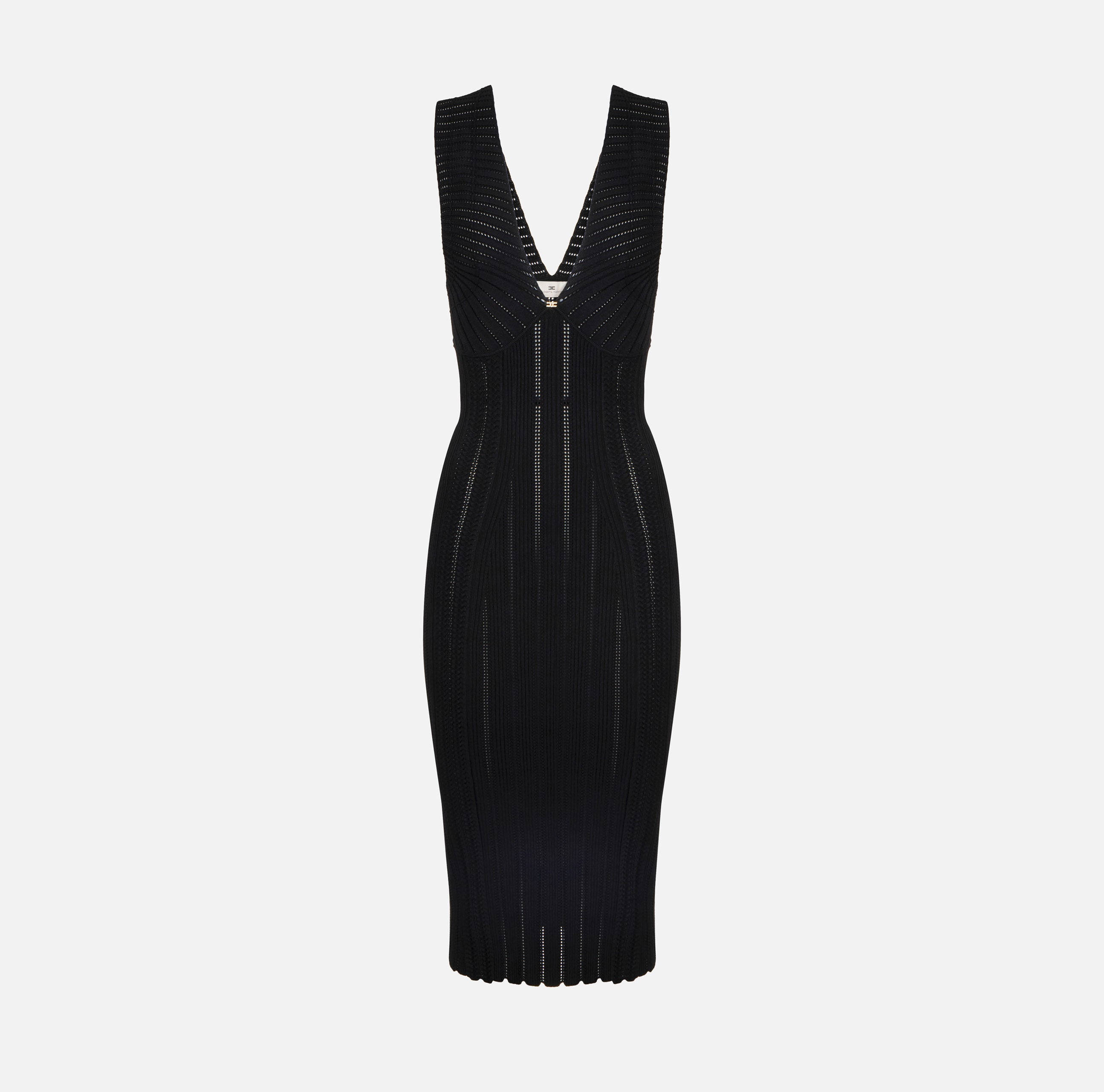 ELISABETTA FRANCHI Abito Midi Maglia à Jour Logo Strass-Nero