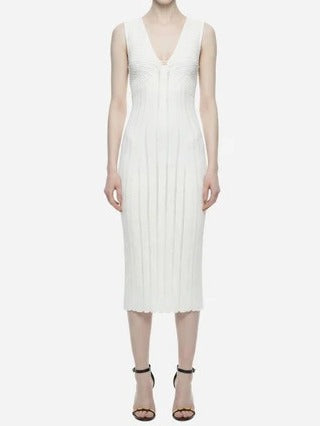 ELISABETTA FRANCHI Abito Midi Maglia à Jour Logo Strass-Avorio
