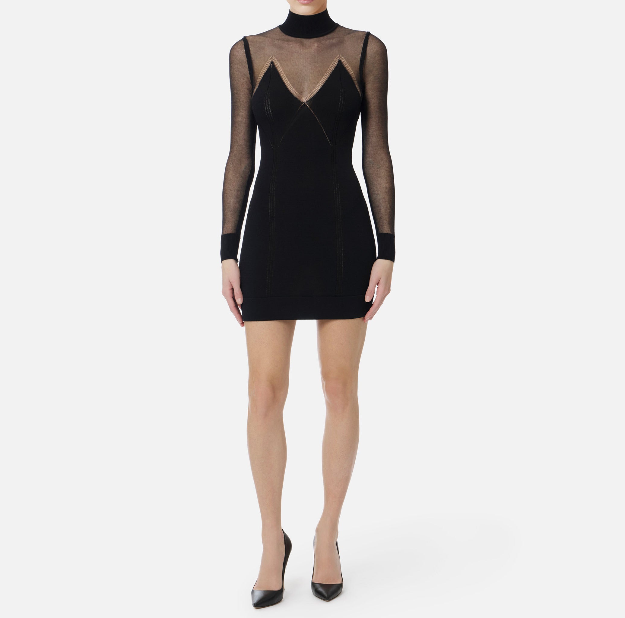 ELISABETTA FRANCHI Abito Corto Maglia à Jour Carrè Trasparente-Nero