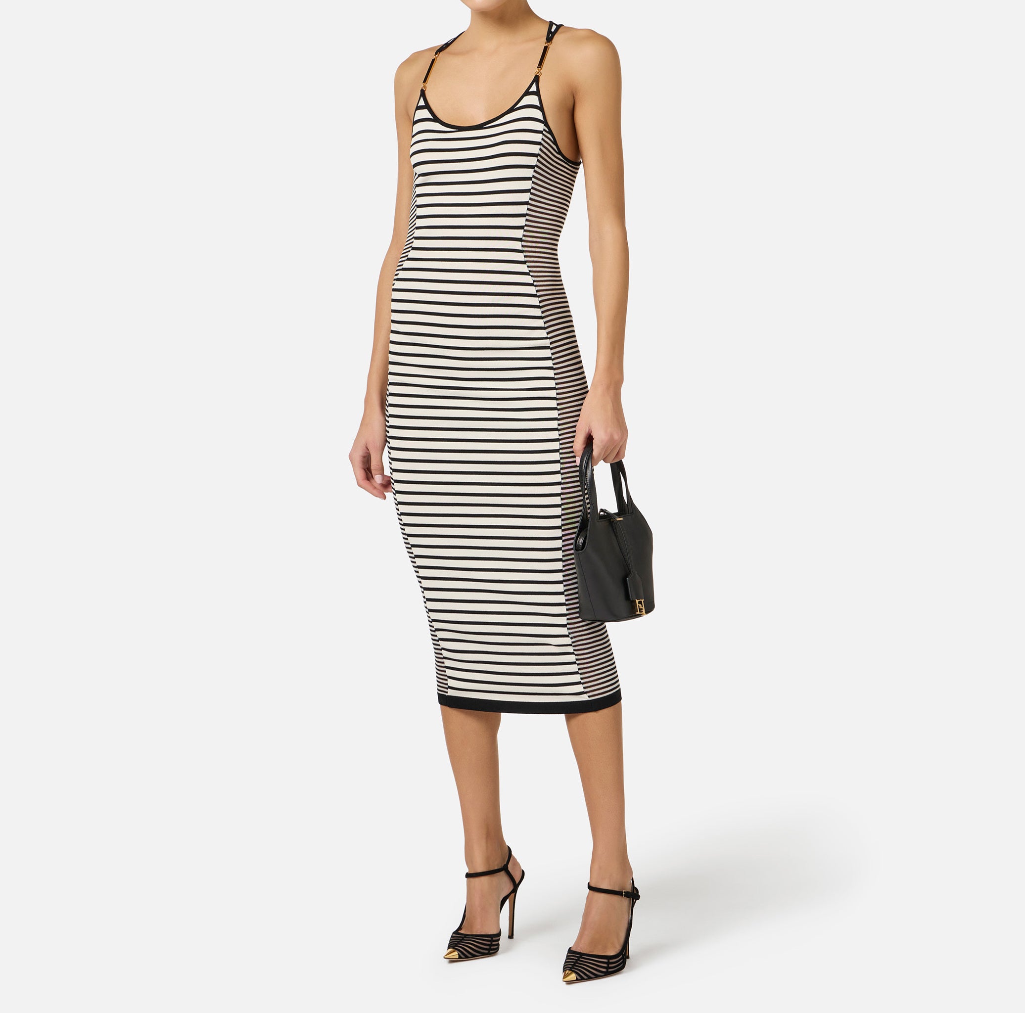ELISABETTA FRANCHI Abito Midi Maglia Righe-Nero/Burro