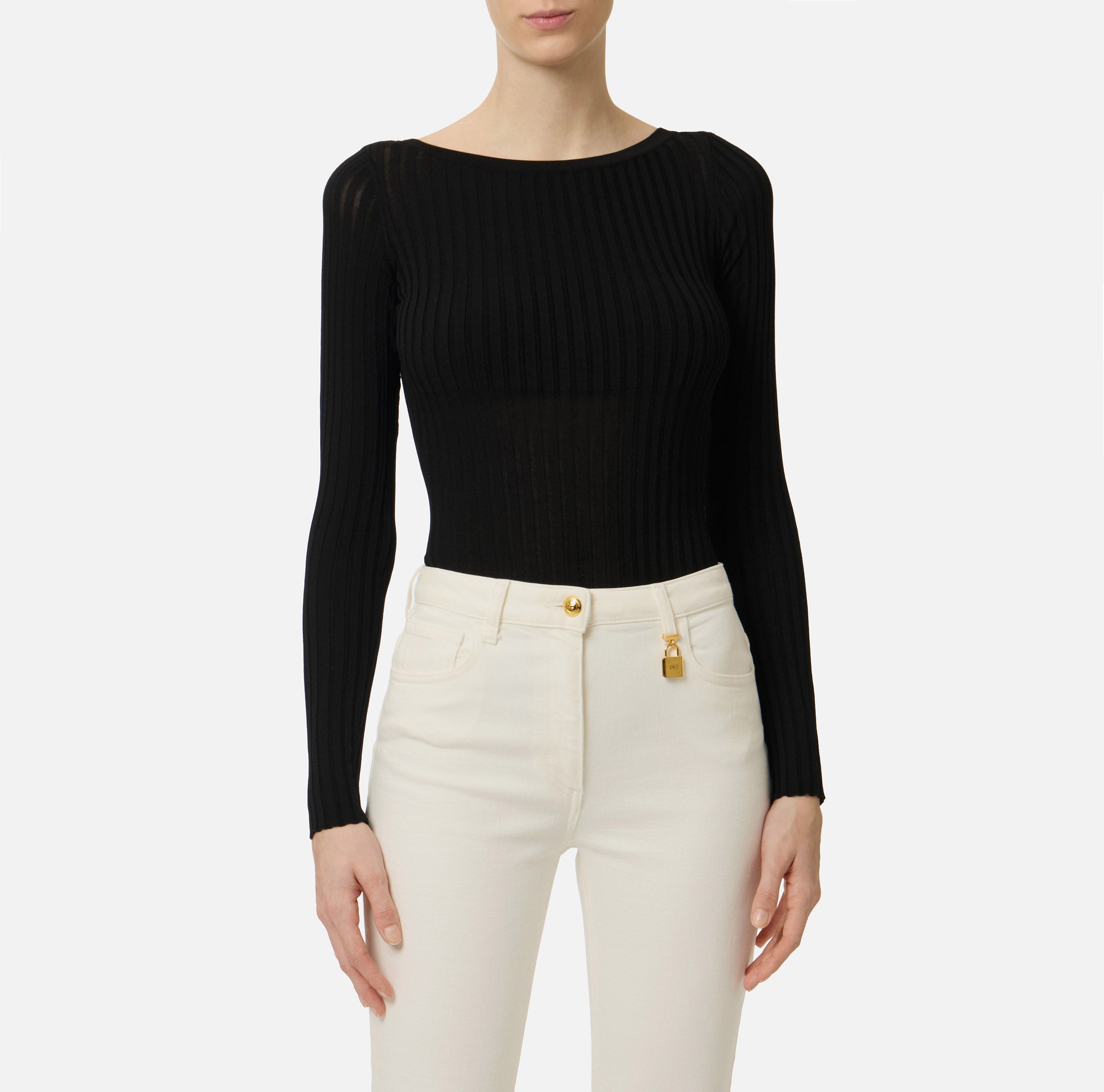 ELISABETTA FRANCHI Body Maglia Costine Trasparenze-Nero