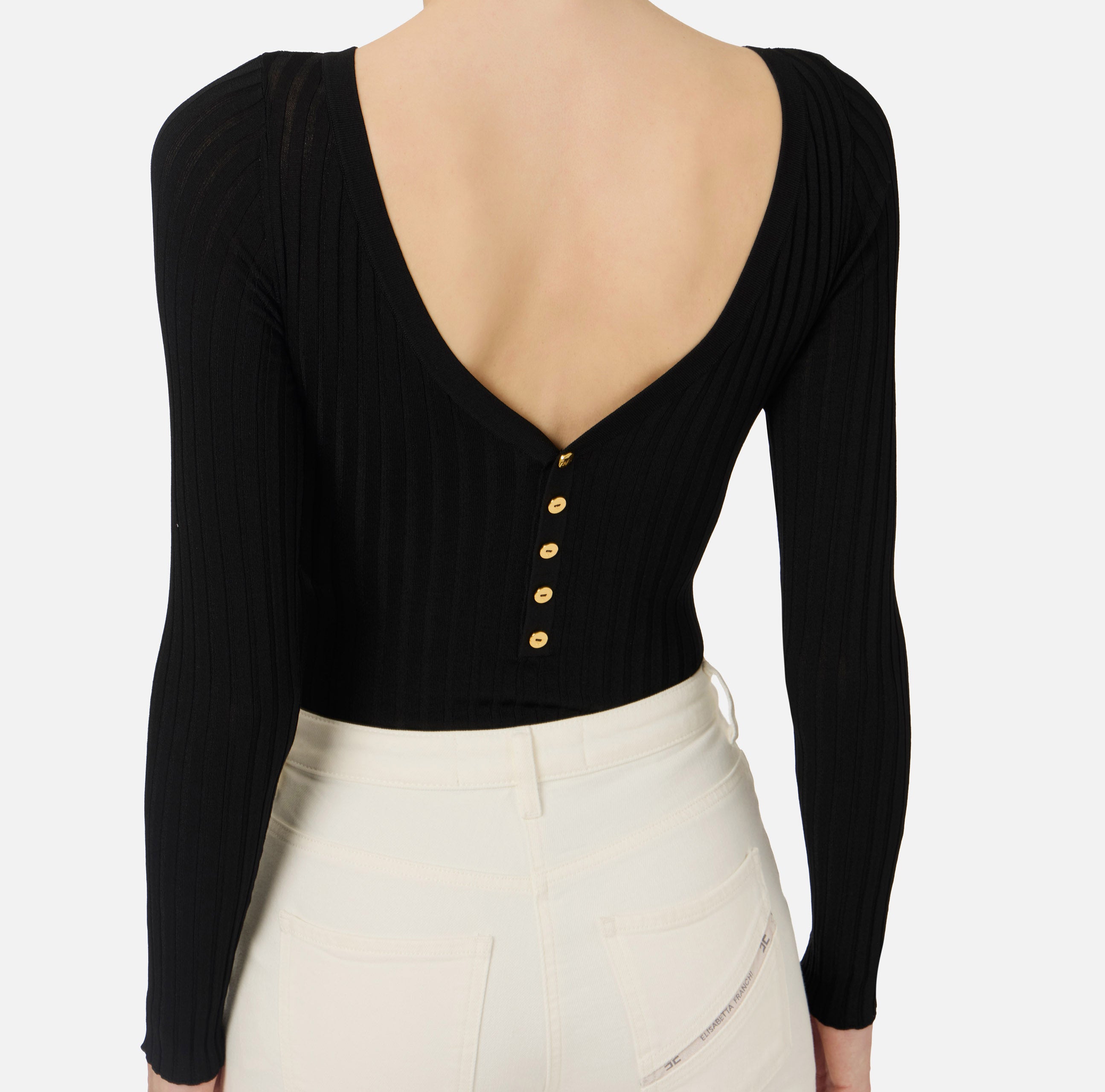 ELISABETTA FRANCHI Body Maglia Costine Trasparenze-Nero