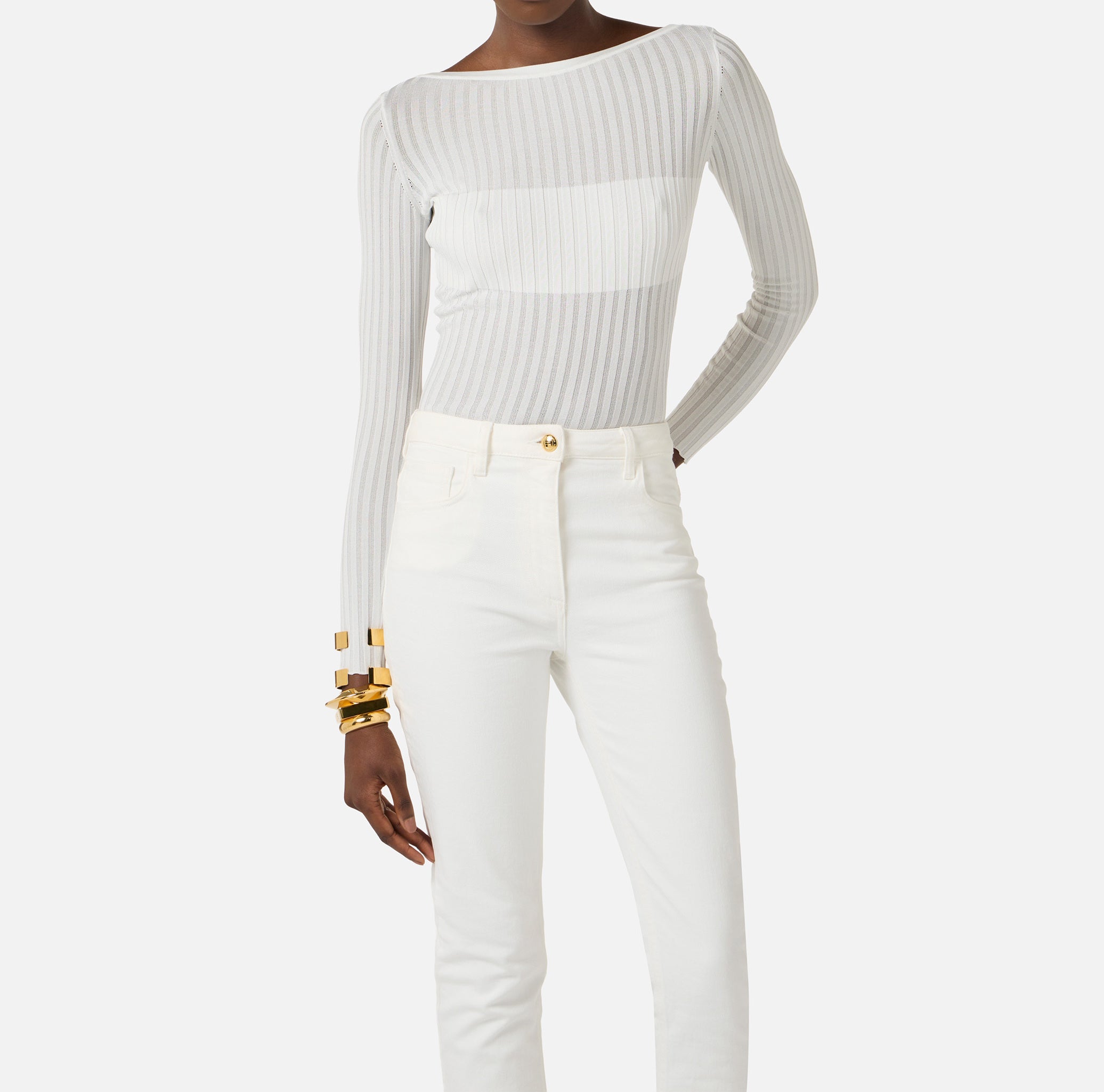 ELISABETTA FRANCHI Body Maglia Costine Trasparenze-Avorio