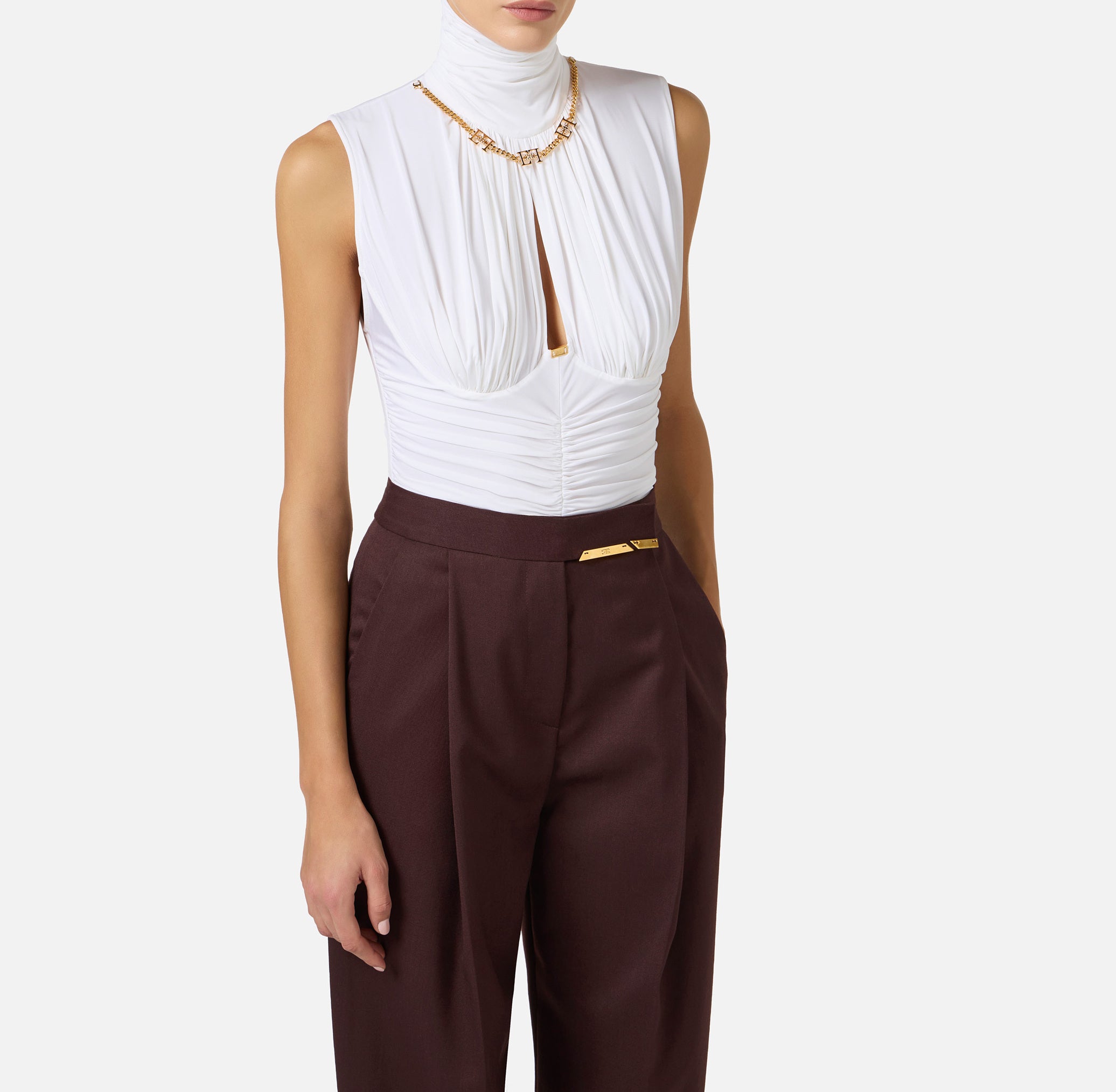 ELISABETTA FRANCHI Body jersey crêpe Drappeggiato Catena Gioiello-Avorio