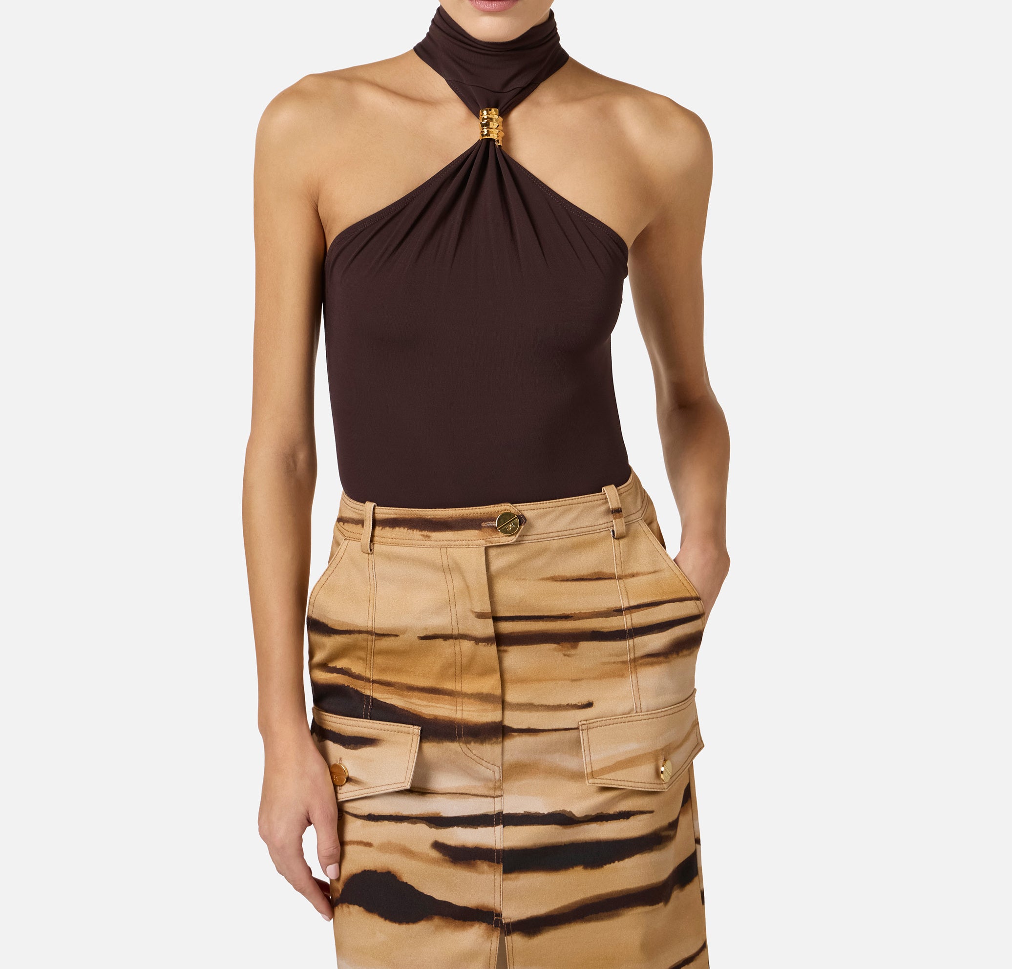 ELISABETTA FRANCHI Body jersey crêpe Fermaglio Gioiello-Dark Chocolate
