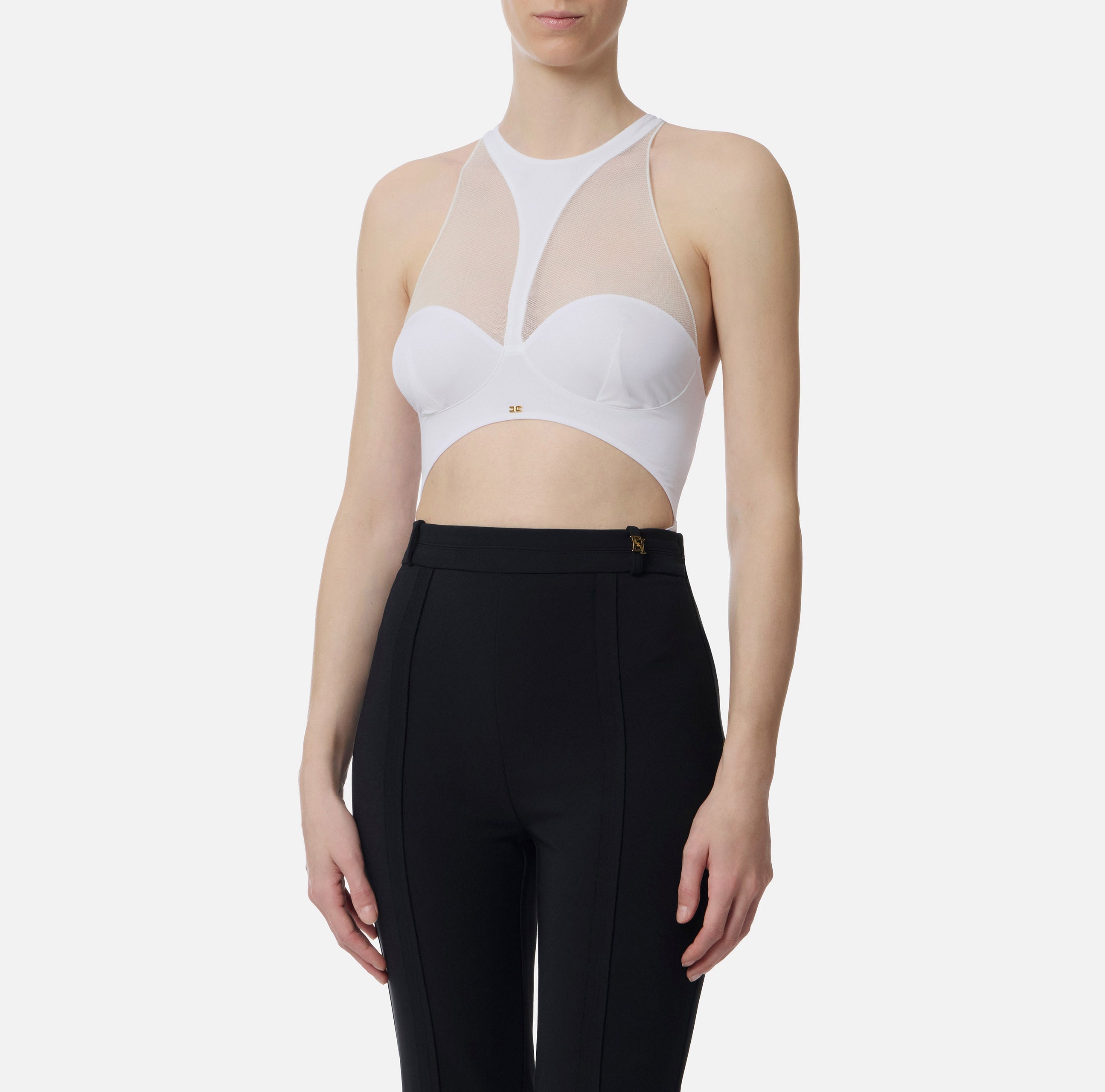 ELISABETTA FRANCHI Body Jersey Tulle Cut-Out-Avorio
