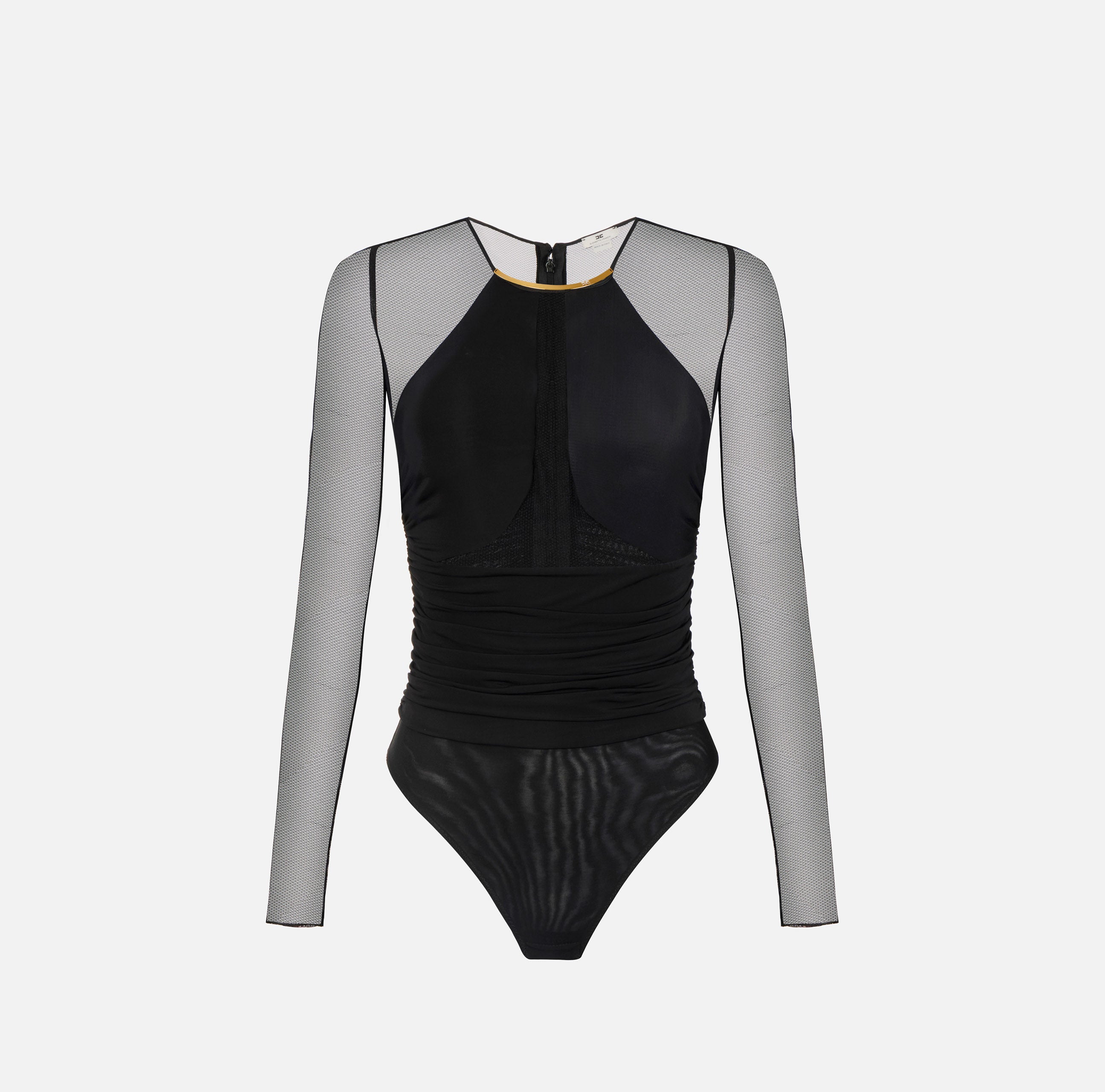 ELISABETTA FRANCHI Body Jersey crêpe tulle Placca gioiello-Nero