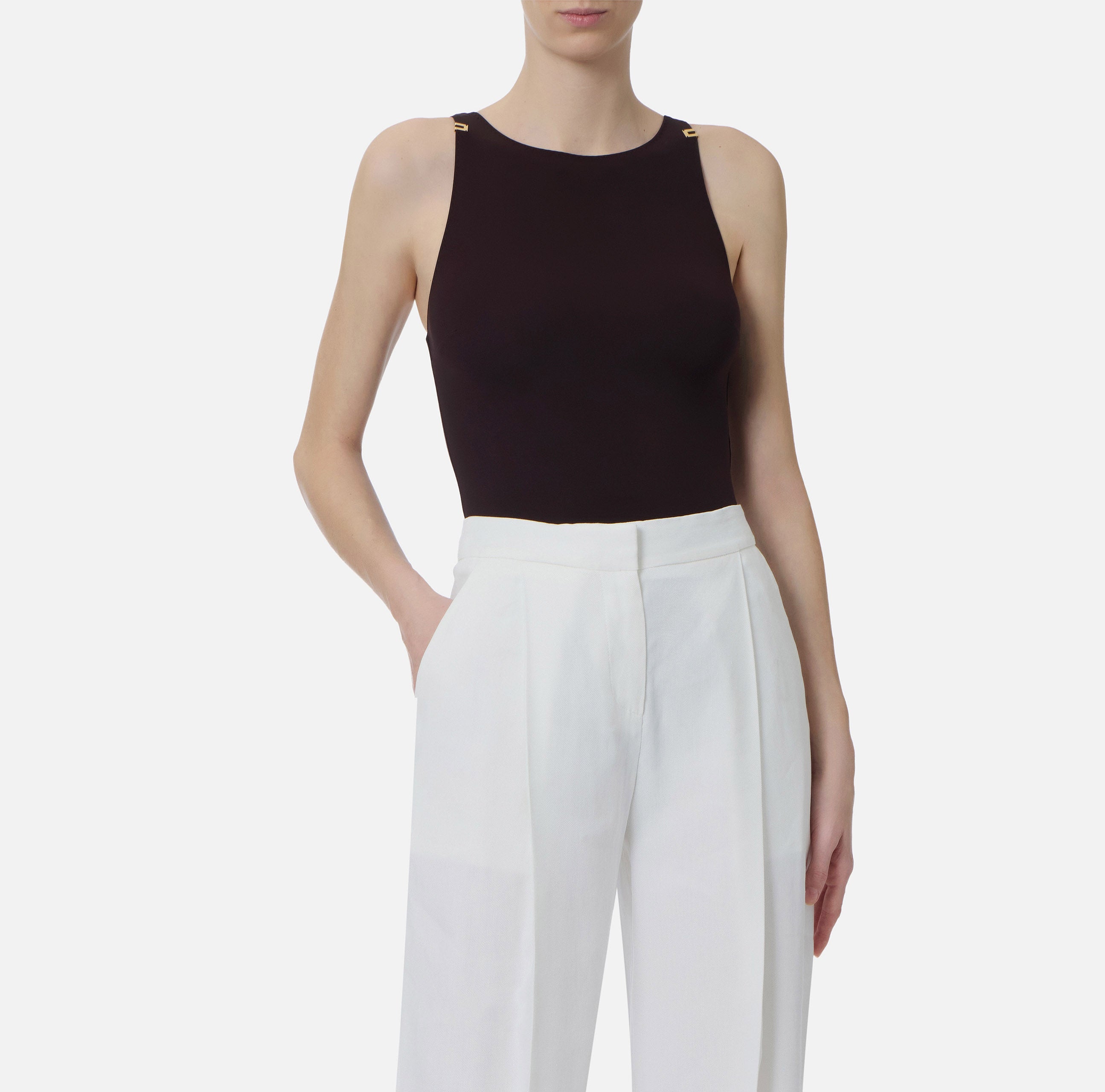 ELISABETTA FRANCHI Body jersey crêpe Logo-Dark Chocolate