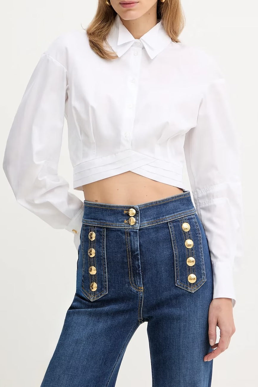 ELISABETTA FRANCHI Camicia Cropped Popeline Cotone Fascione-Bianco