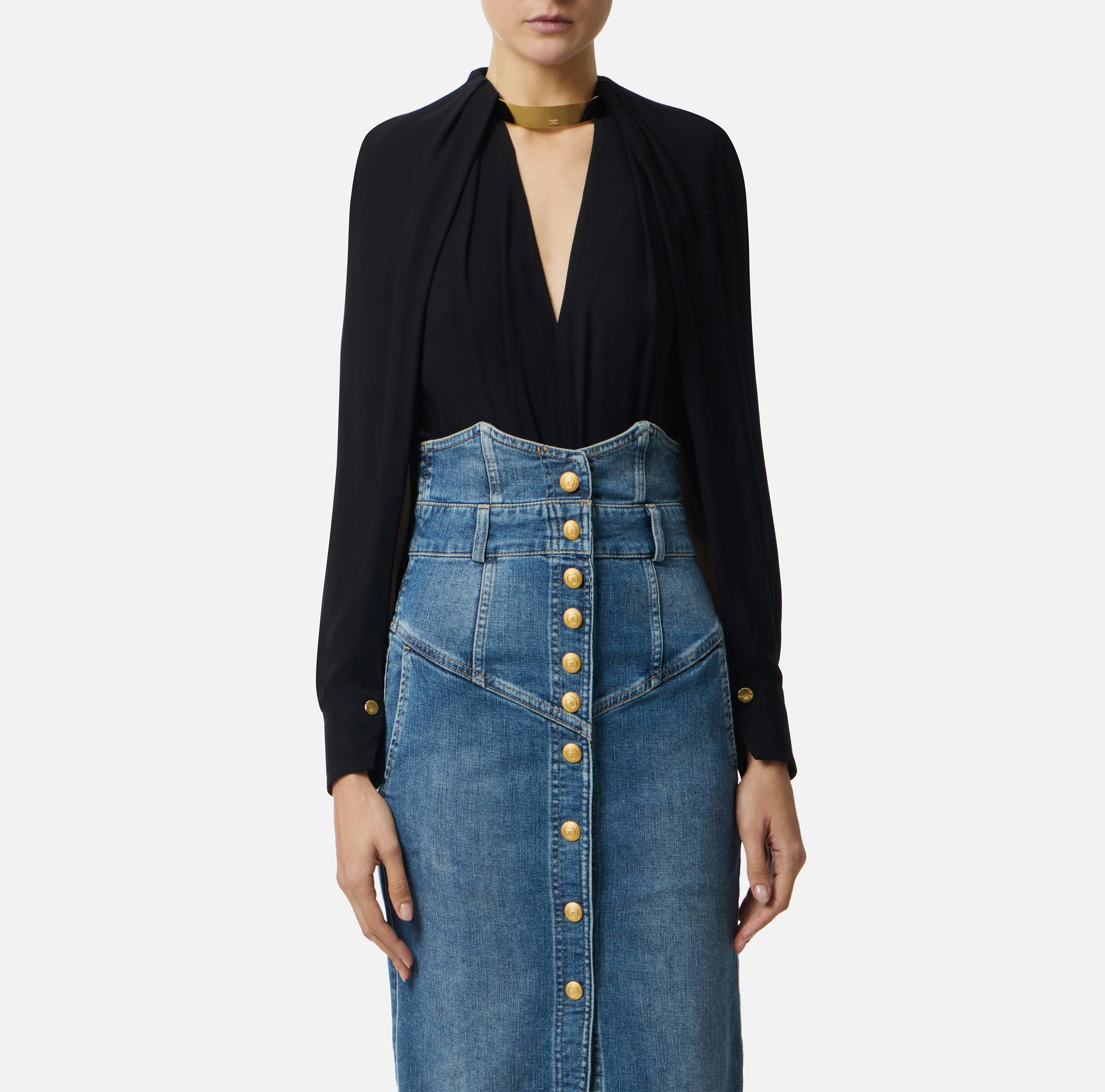ELISABETTA FRANCHI Blusa Georgette Viscosa Gioiello-Nero
