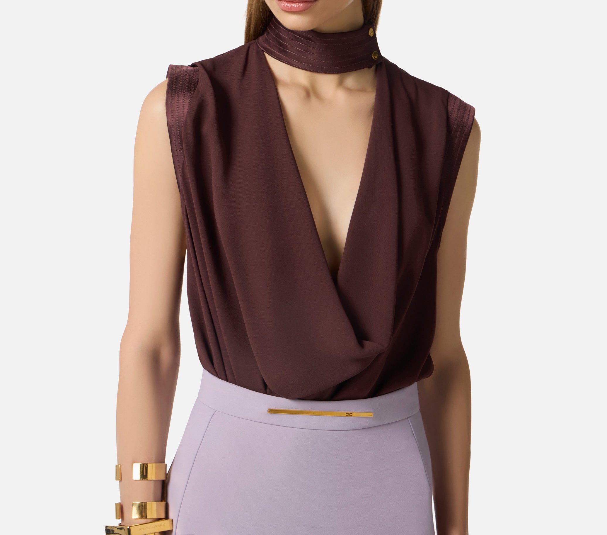 ELISABETTA FRANCHI Top Georgette Viscosa Bottoni-Cacao