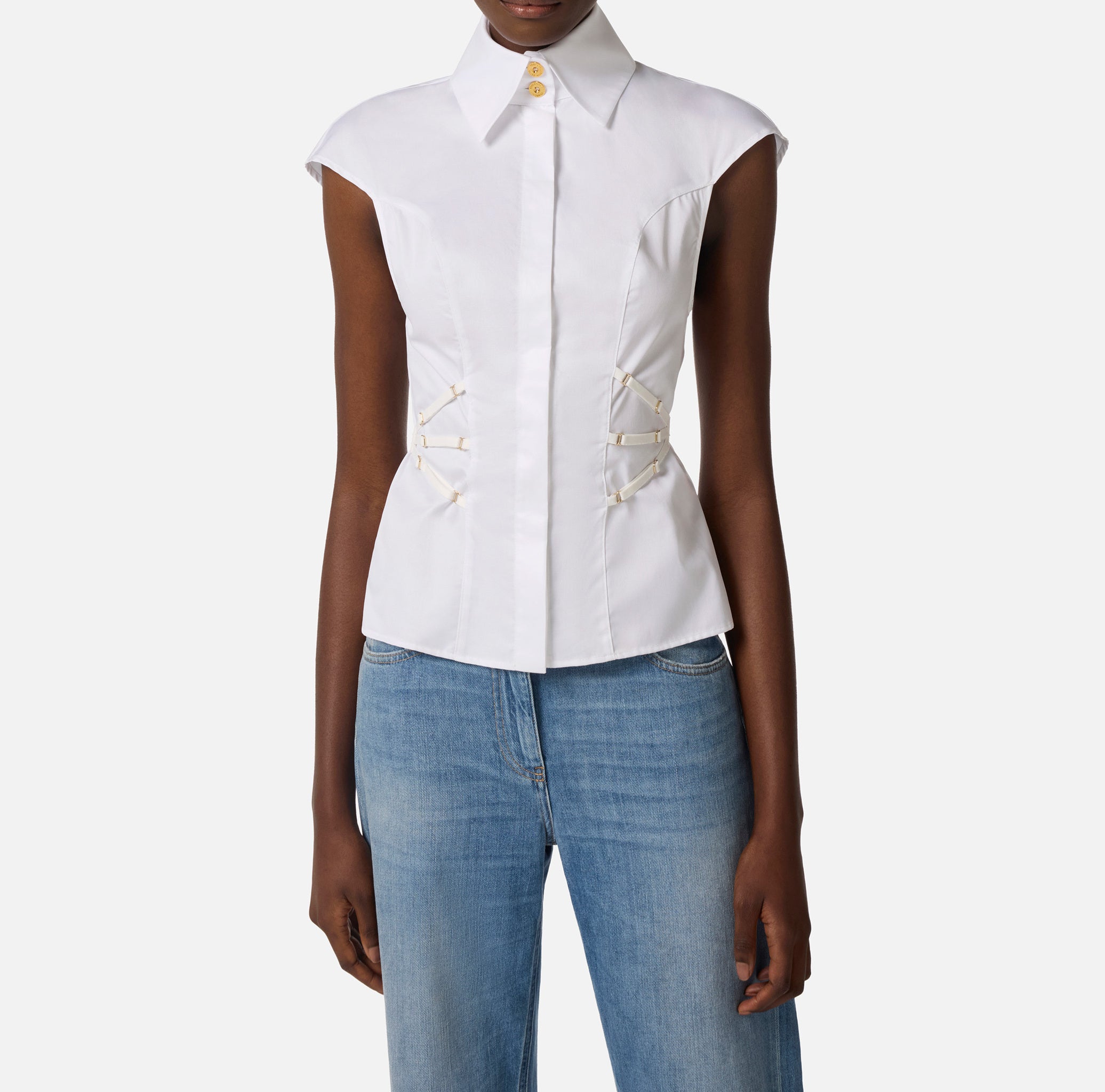 ELISABETTA FRANCHI Camicia Popeline Cotone Elastici-Bianco