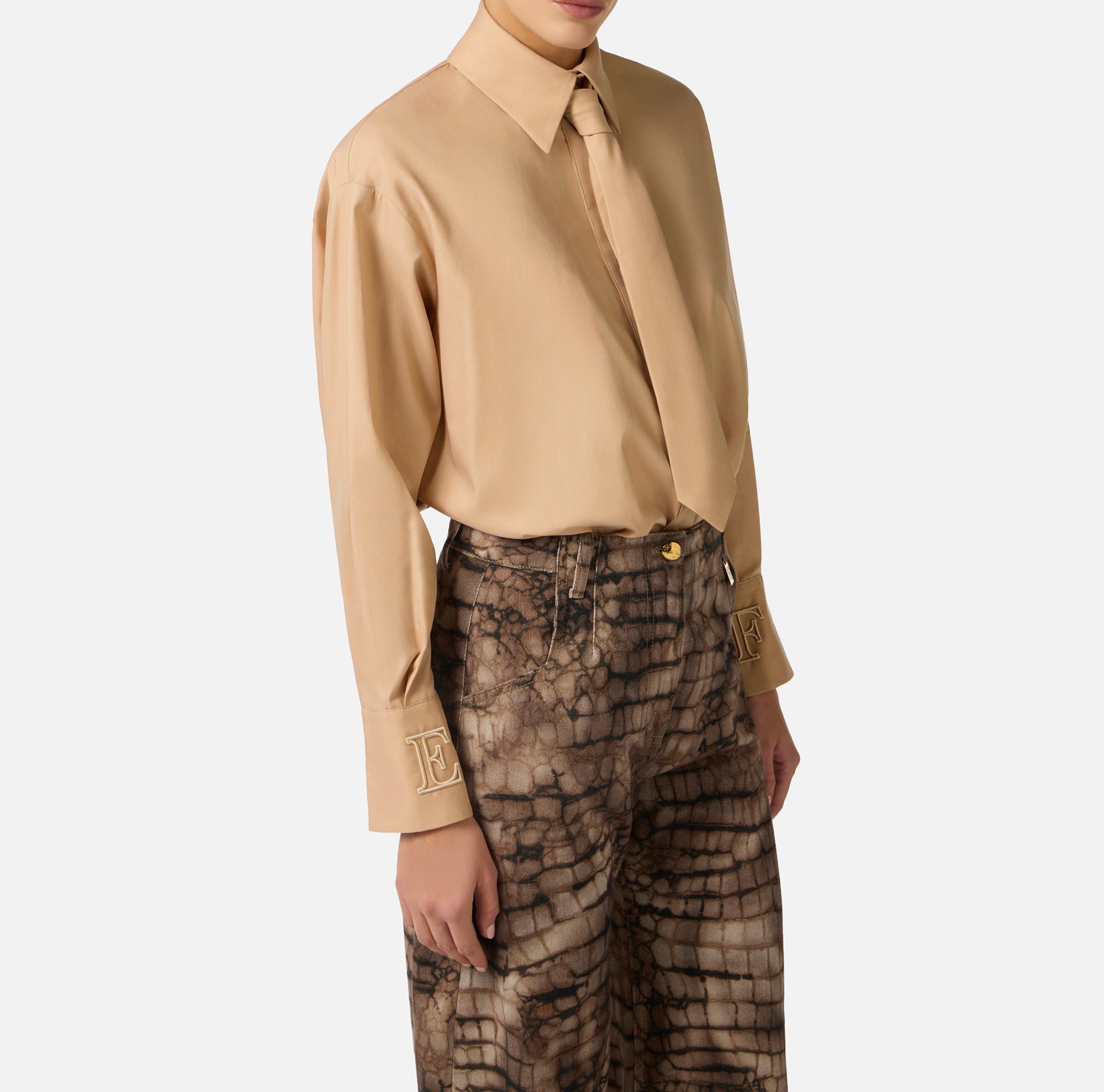 ELISABETTA FRANCHI Camicia Cotone Cravatta Logo Polsi-Cammello