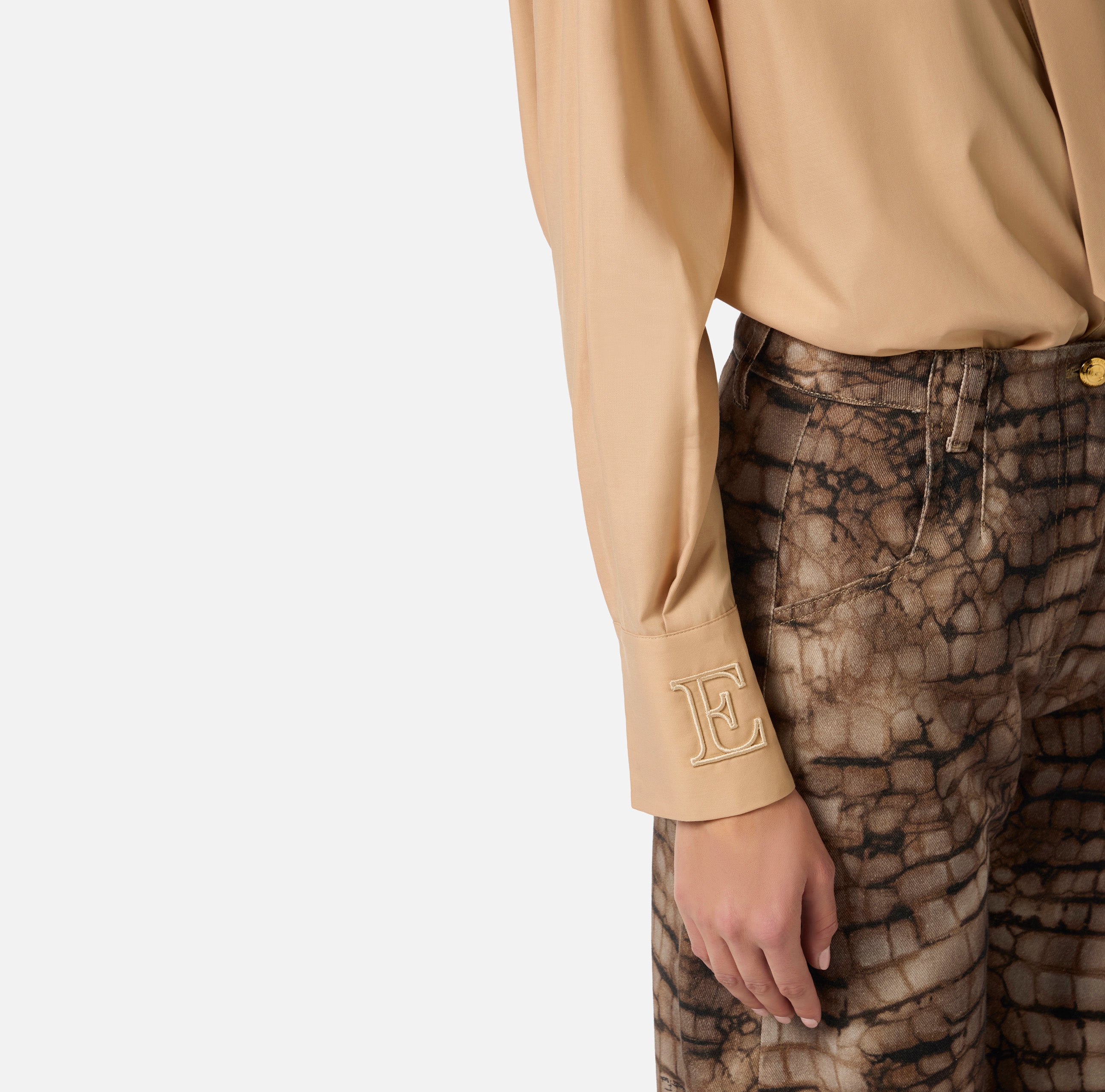 ELISABETTA FRANCHI Camicia Cotone Cravatta Logo Polsi-Cammello