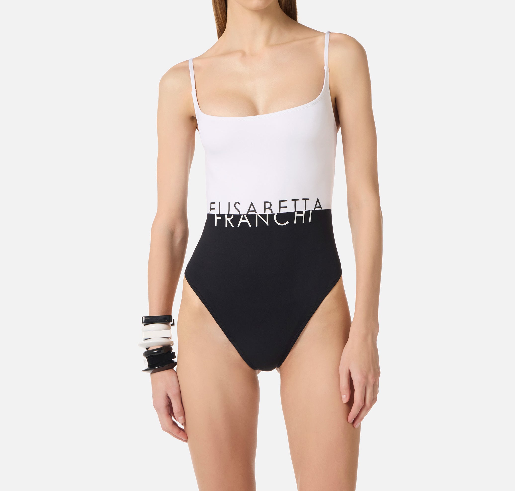 ELISABETTA FRANCHI Costume Intero Lycra Logo-Avorio/Nero