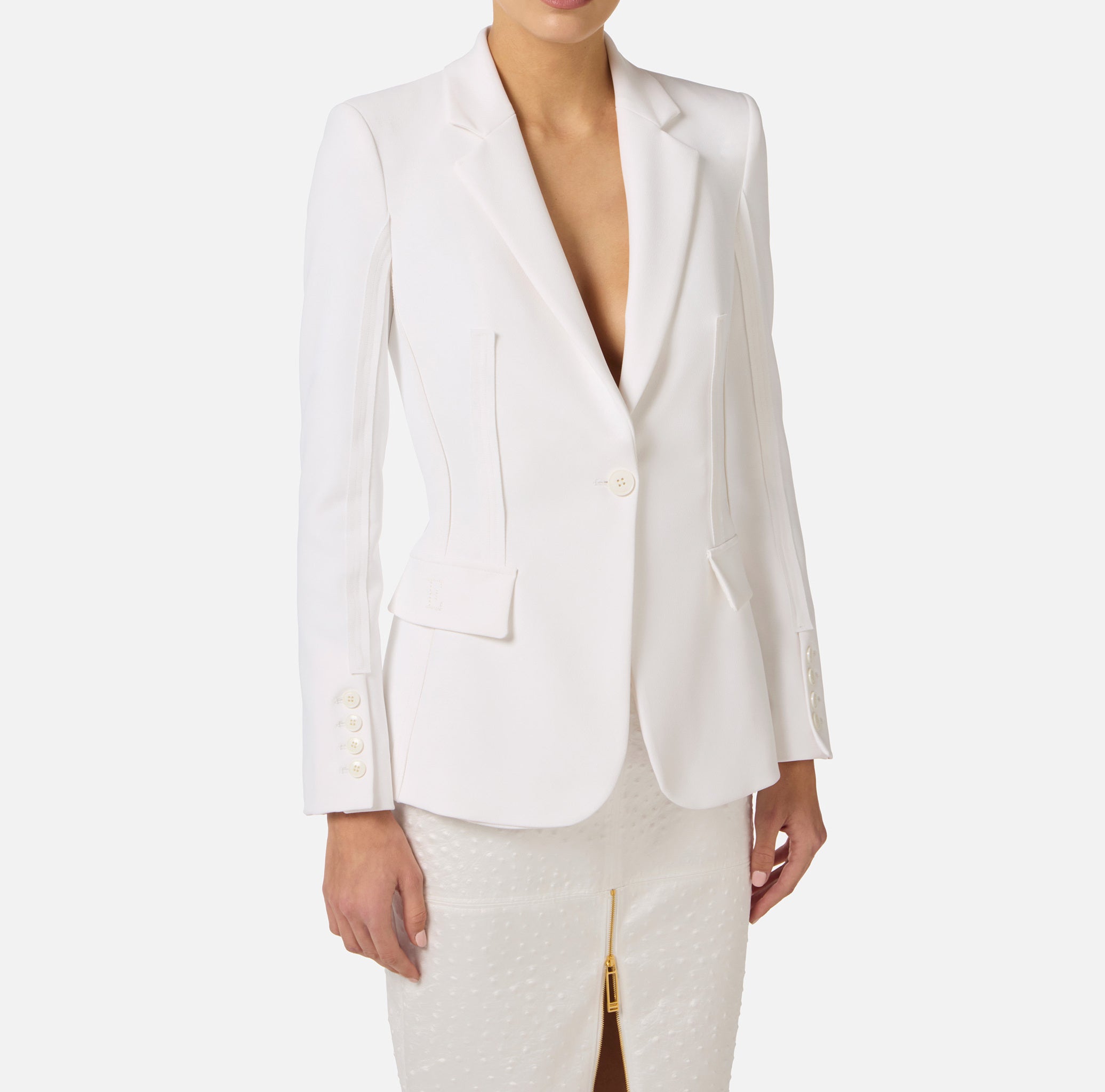 ELISABETTA FRANCHI Giacca Monopetto Doppio Crêpe Dettagli Taglio Vivo Impunture-Avorio