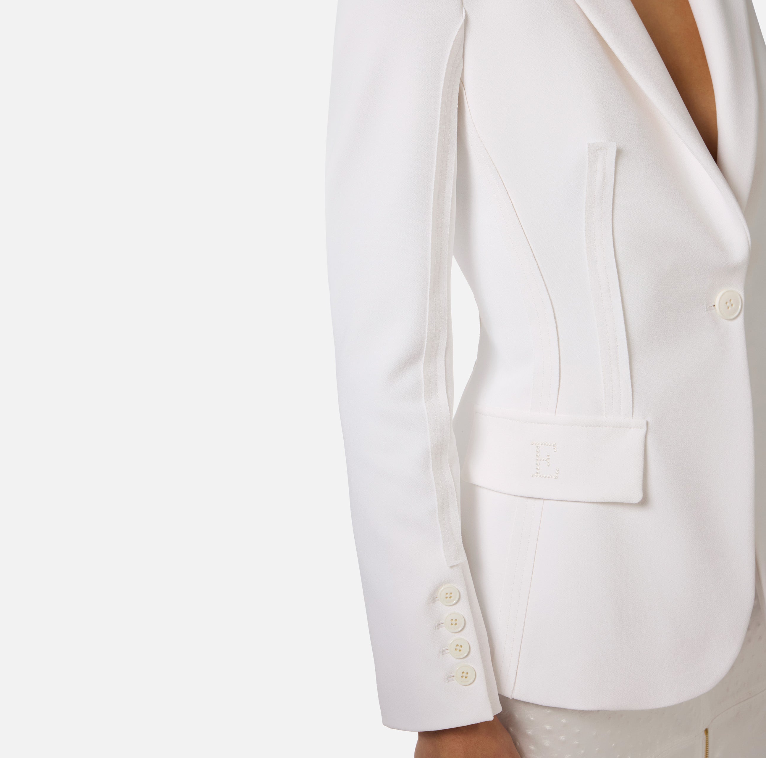 ELISABETTA FRANCHI Giacca Monopetto Doppio Crêpe Dettagli Taglio Vivo Impunture-Avorio