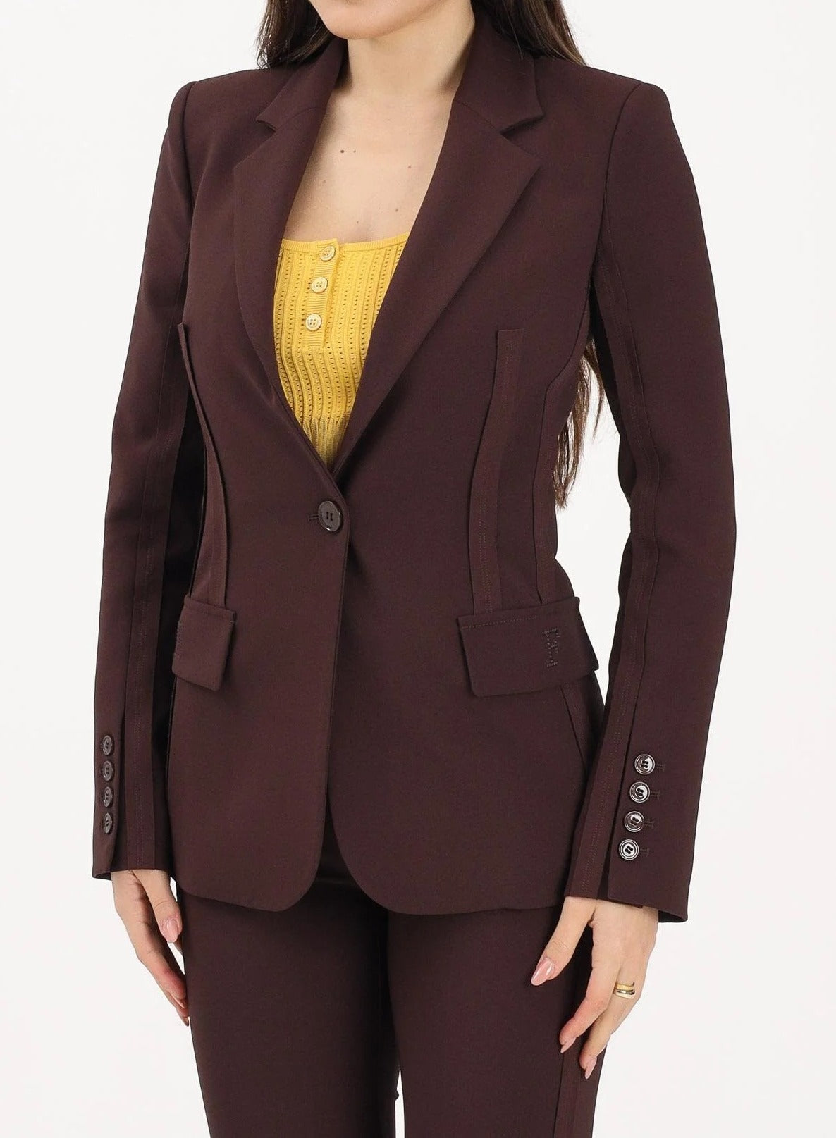 ELISABETTA FRANCHI Giacca Monopetto Doppio Crêpe Dettagli Taglio Vivo Impunture-Cacao