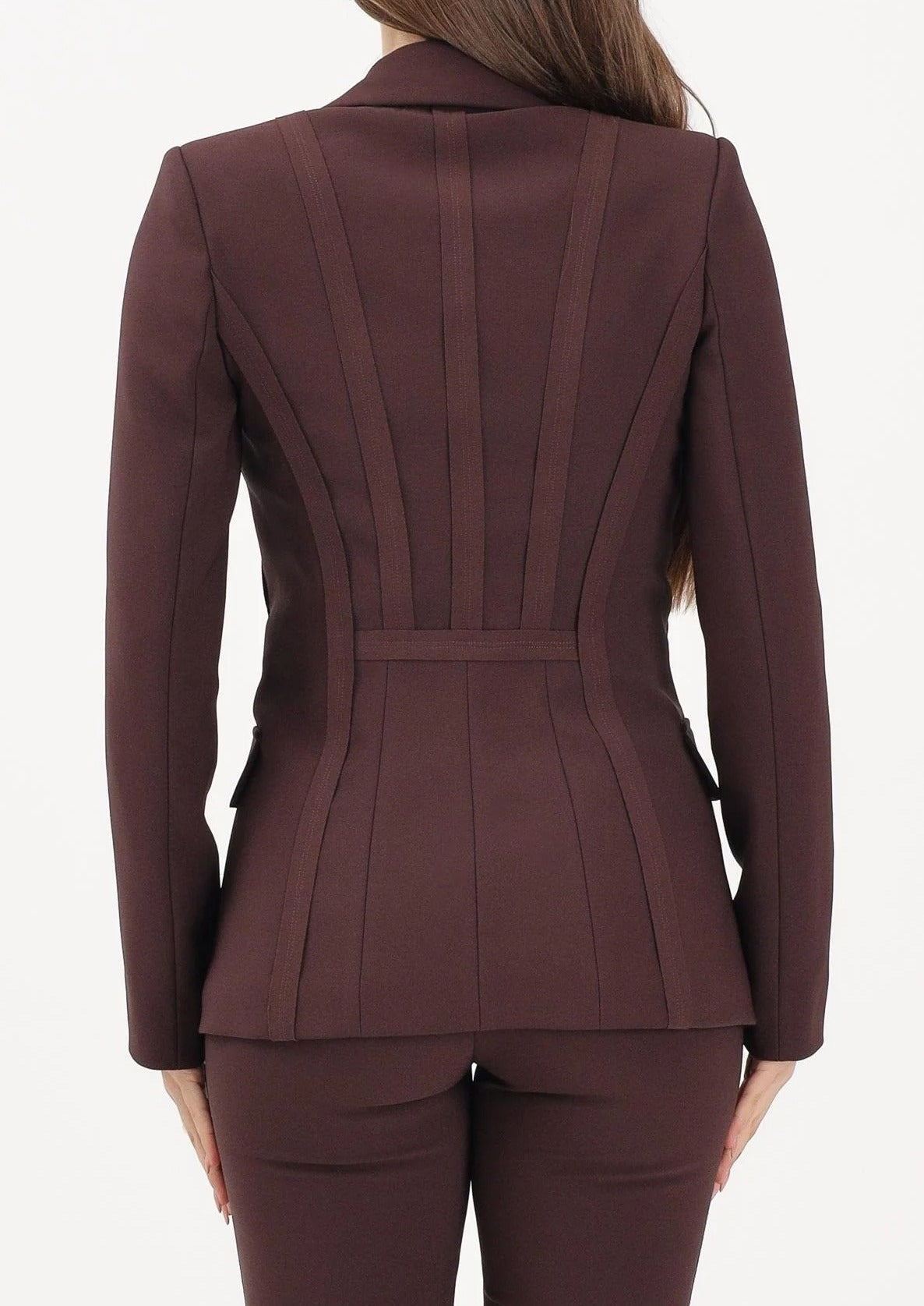 ELISABETTA FRANCHI Giacca Monopetto Doppio Crêpe Dettagli Taglio Vivo Impunture-Cacao