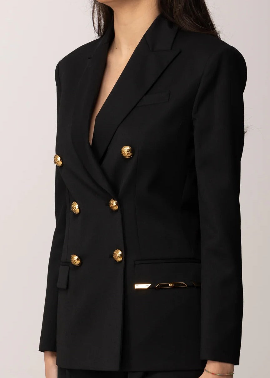 ELISABETTA FRANCHI Giacca Doppiopetto Fresco Lana Placca Logo-Nero